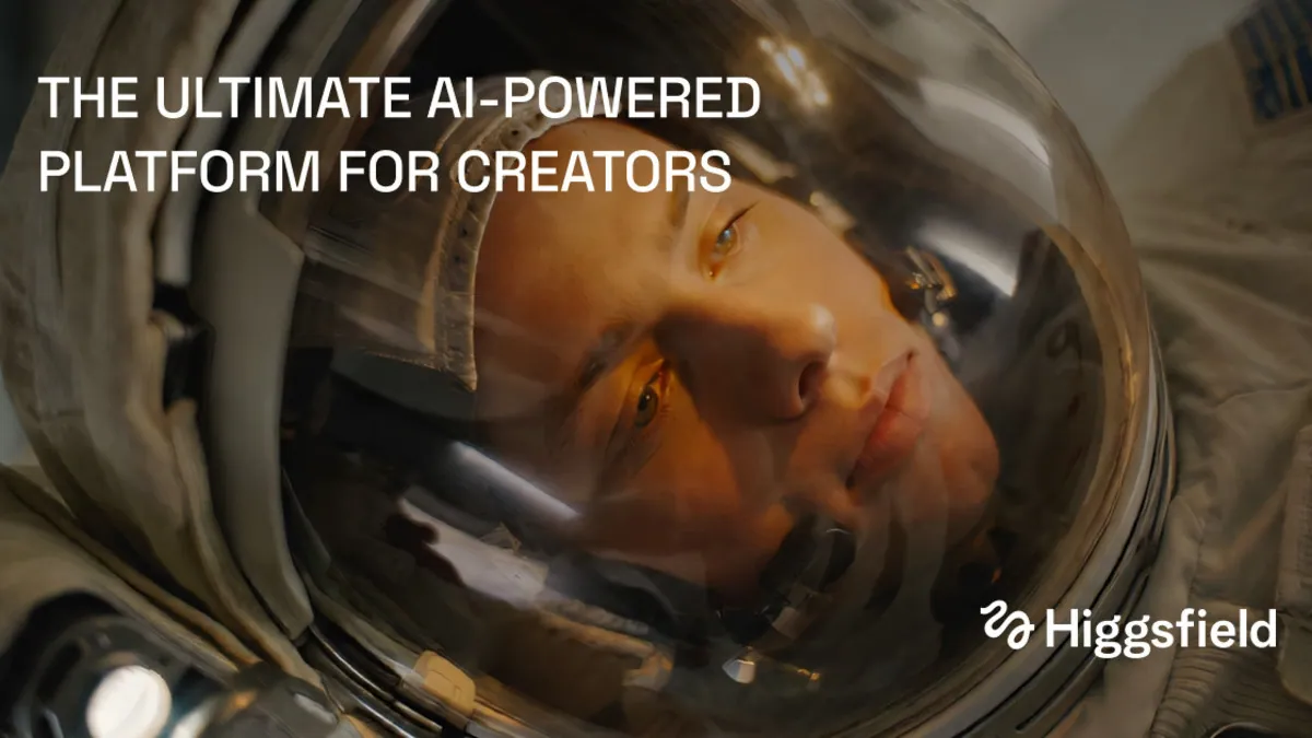 Gambar resmi Higgsfield bertuliskan "The ultimate AI-powered platform for creators" dengan visual close-up astronaut bergaya sinematik dan logo Higgsfield di pojok kanan bawah