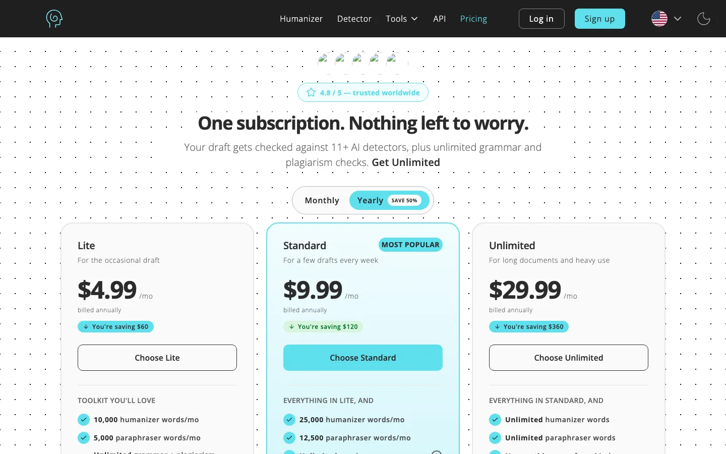 Halaman harga Humanize AI dengan pilihan Monthly atau Yearly (hemat 50%), menampilkan tiga kartu paket tahunan: Lite US$4,99, Standard US$9,99 (paling populer), dan Unlimited US$29,99 per bulan