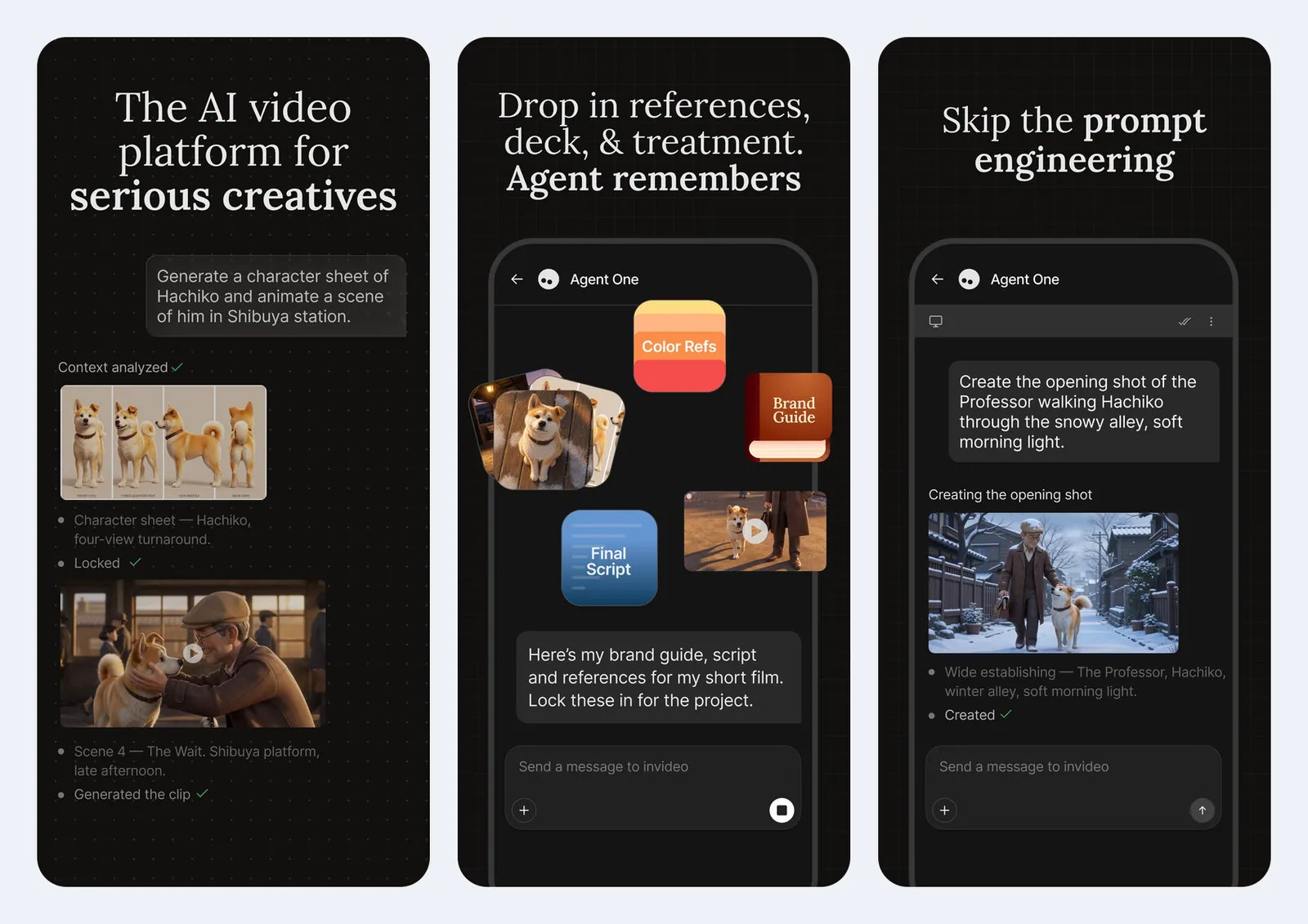 Screenshot resmi aplikasi Invideo di App Store: layar percakapan dengan Agent One yang membuat character sheet anjing Hachiko, menyimpan referensi warna, brand guide, dan naskah, lalu membuat adegan pembuka di gang bersalju