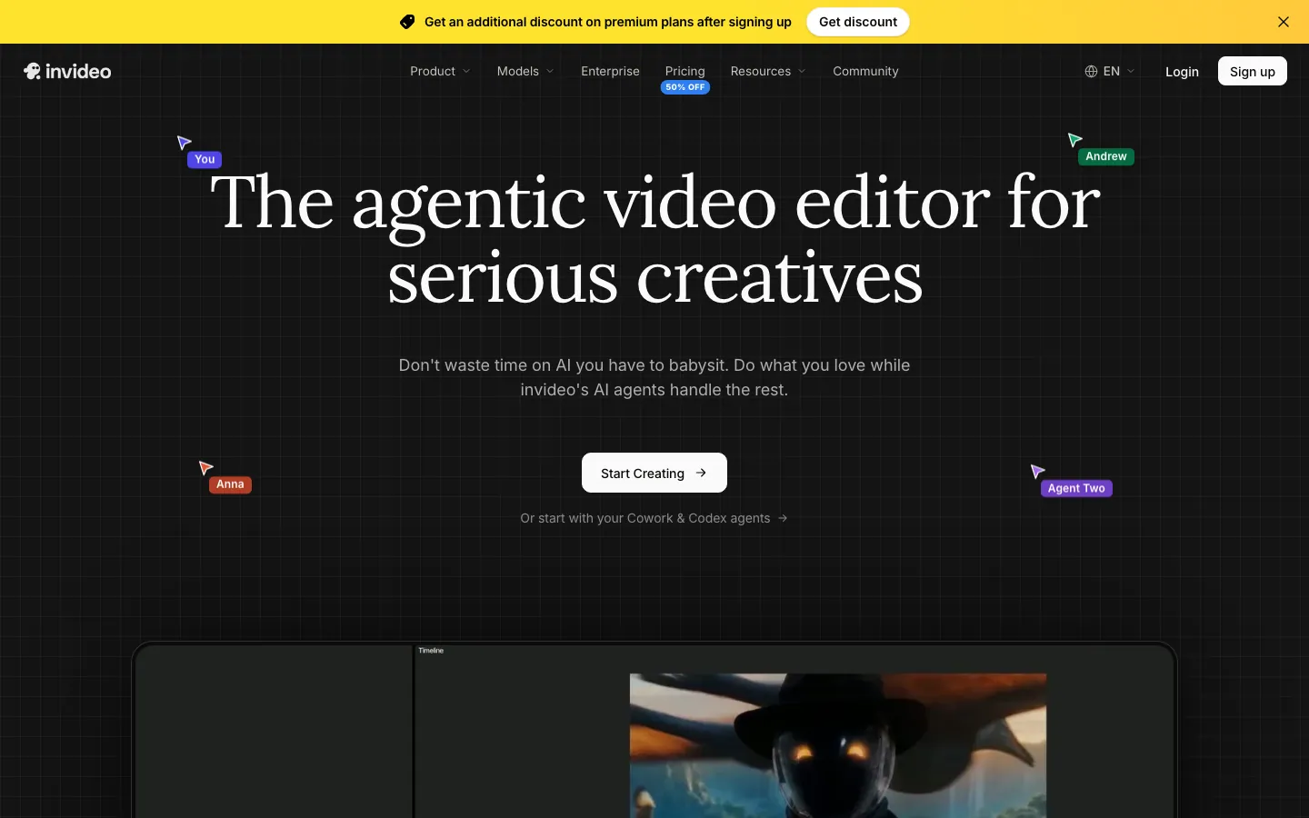Halaman depan invideo.io bertema gelap dengan judul The agentic video editor for serious creatives, tombol Start Creating di tengah, kursor berlabel You, Andrew, Anna, dan Agent Two, serta menu Product, Models, Enterprise, dan Pricing berlabel 50% OFF