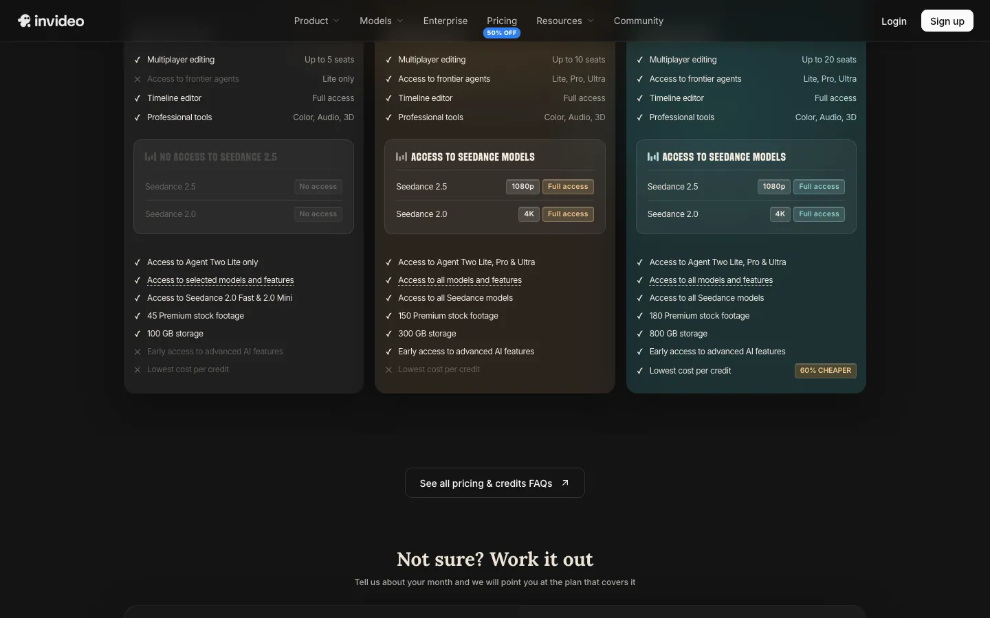 Bagian bawah kartu harga Invideo: Basic bertanda No access untuk Seedance 2.5 dan 2.0, sedangkan Pro dan Ultra mendapat Seedance 2.5 1080p dan Seedance 2.0 4K, plus daftar stok footage, penyimpanan, dan biaya per kredit