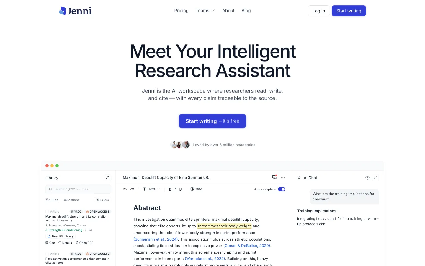 Halaman depan jenni.ai: judul Meet Your Intelligent Research Assistant, tombol Start writing, dan contoh editor tiga panel berisi Library, dokumen dengan sitasi biru, serta AI Chat di kanan
