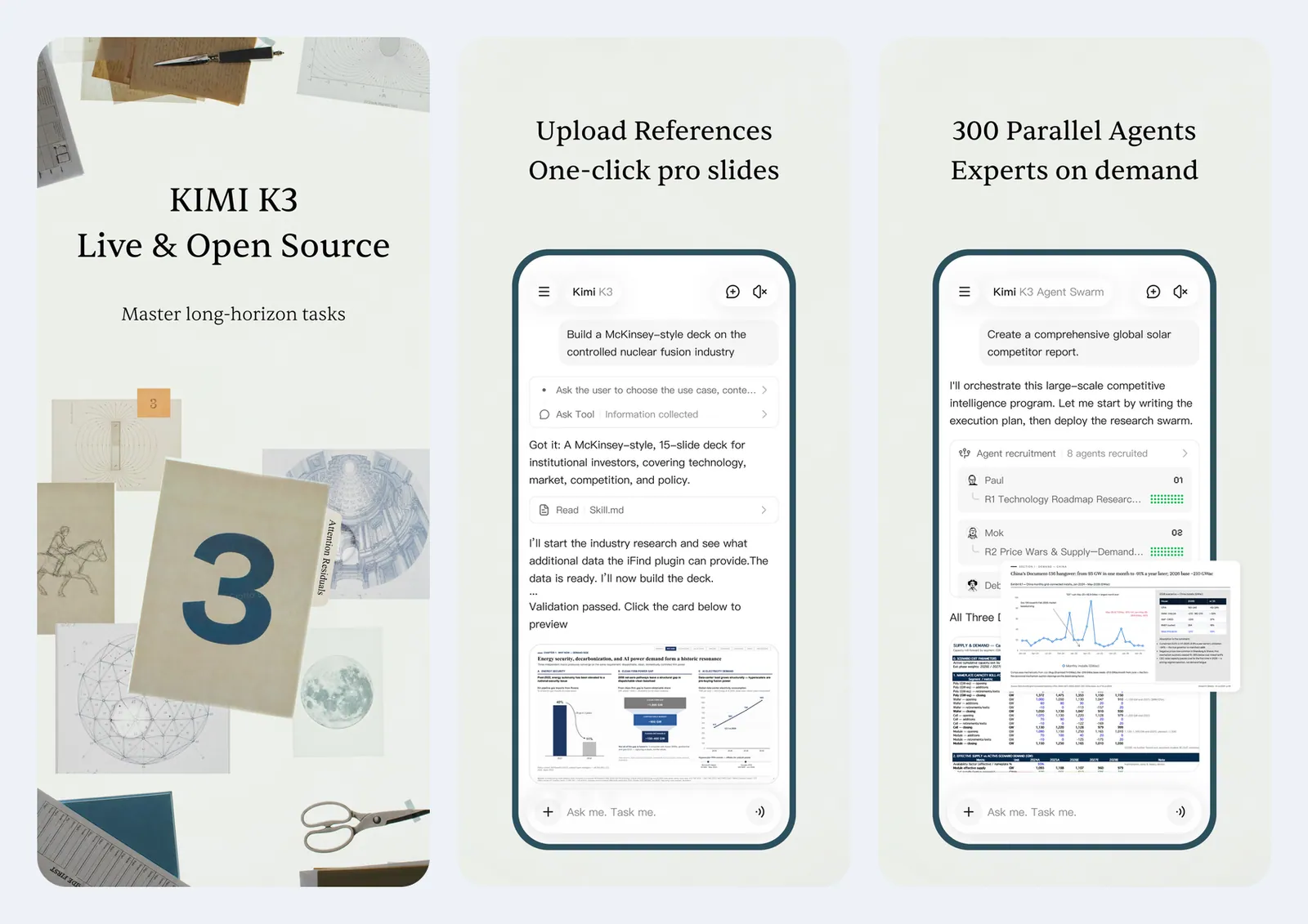 Tiga screenshot resmi aplikasi Kimi di App Store: sampul Kimi K3 Live dan Open Source, contoh agen membuat deck 15 slide bergaya konsultan, dan Agent Swarm merekrut beberapa agen untuk laporan kompetitor tenaga surya