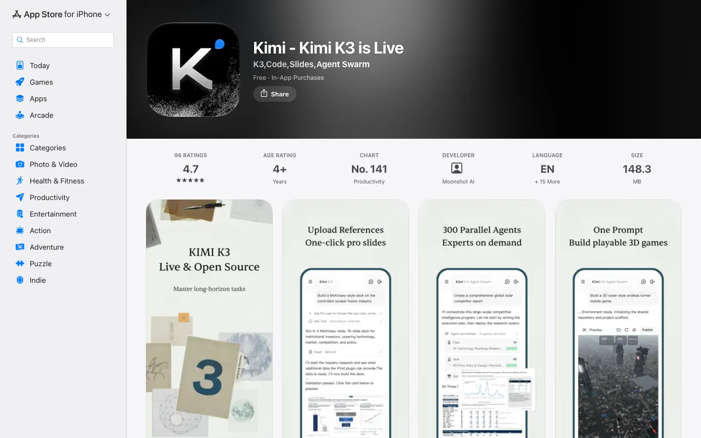 Halaman App Store Indonesia untuk aplikasi Kimi - Kimi K3 is Live: gratis dengan pembelian dalam aplikasi, rating 4,7 dari 96 penilaian, peringkat 141 kategori Produktivitas, ukuran 148,3 MB