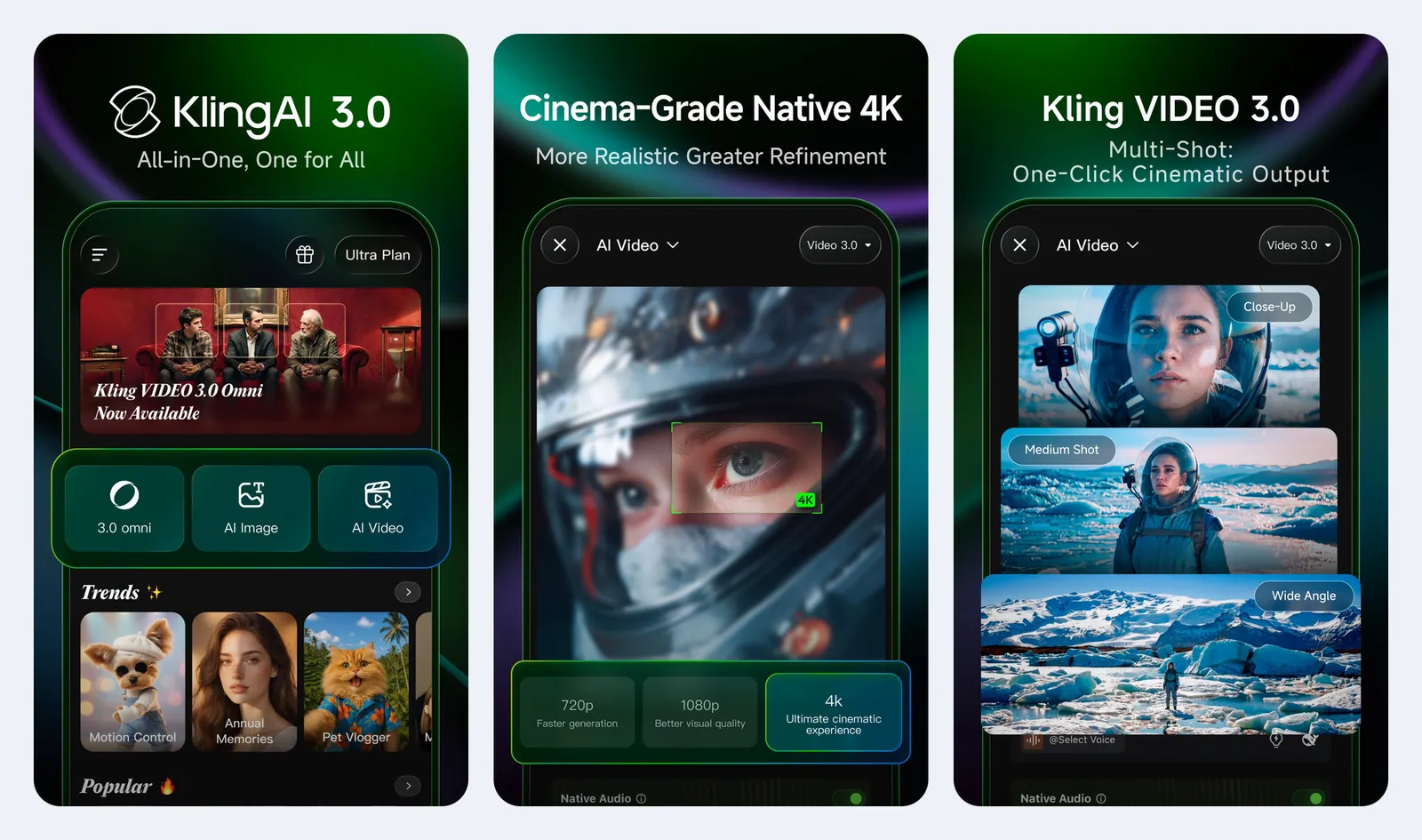 Tiga screenshot resmi aplikasi Kling AI di App Store: beranda dengan tombol 3.0 Omni, AI Image, dan AI Video serta deretan Trends; layar AI Video dengan pilihan 720p, 1080p, dan 4K; dan fitur Multi-Shot dengan sudut Close-Up, Medium Shot, dan Wide Angle