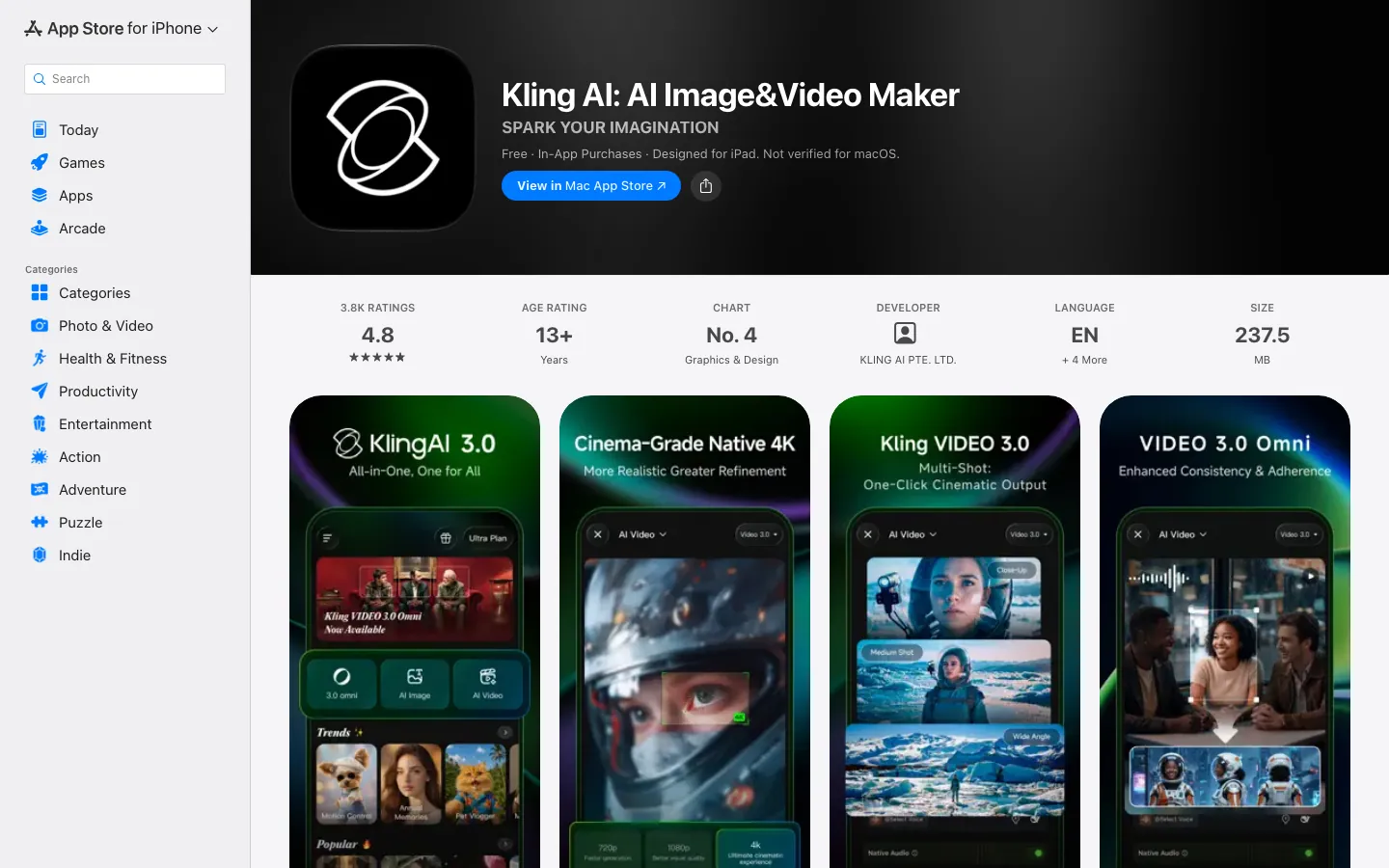 Halaman App Store Indonesia untuk Kling AI: AI Image&Video Maker dengan rating 4,8 dari 3,8 ribu penilaian, peringkat No. 4 kategori Graphics & Design, rating usia 13+, dan ukuran 237,5 MB