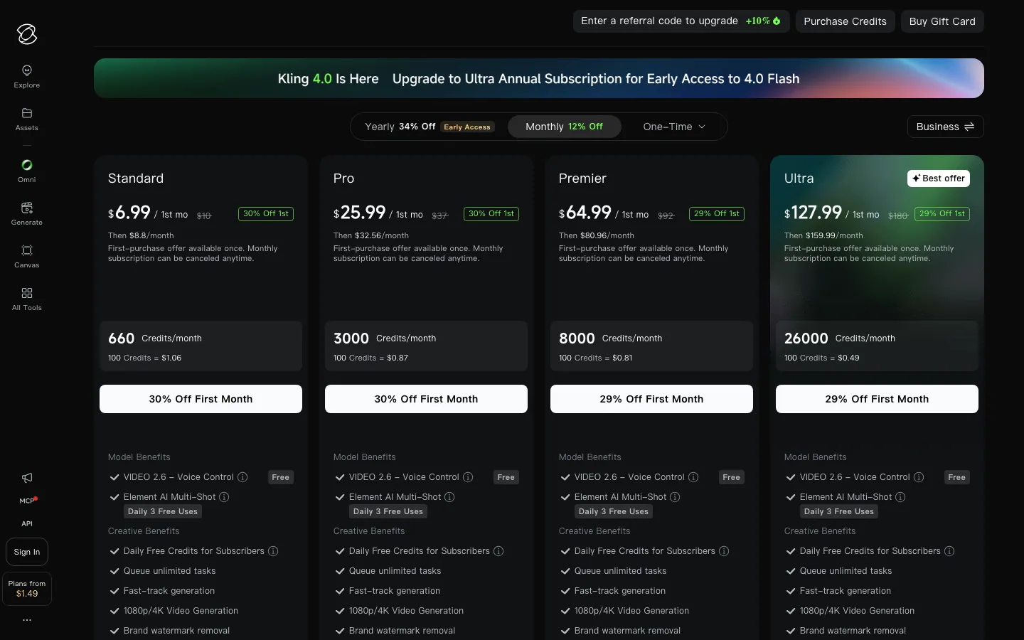 Halaman harga resmi Kling AI pada tab Monthly: kartu Standard US$6,99, Pro US$25,99, Premier US$64,99, dan Ultra US$127,99 untuk bulan pertama, masing-masing dengan jumlah kredit bulanan 660, 3000, 8000, dan 26000