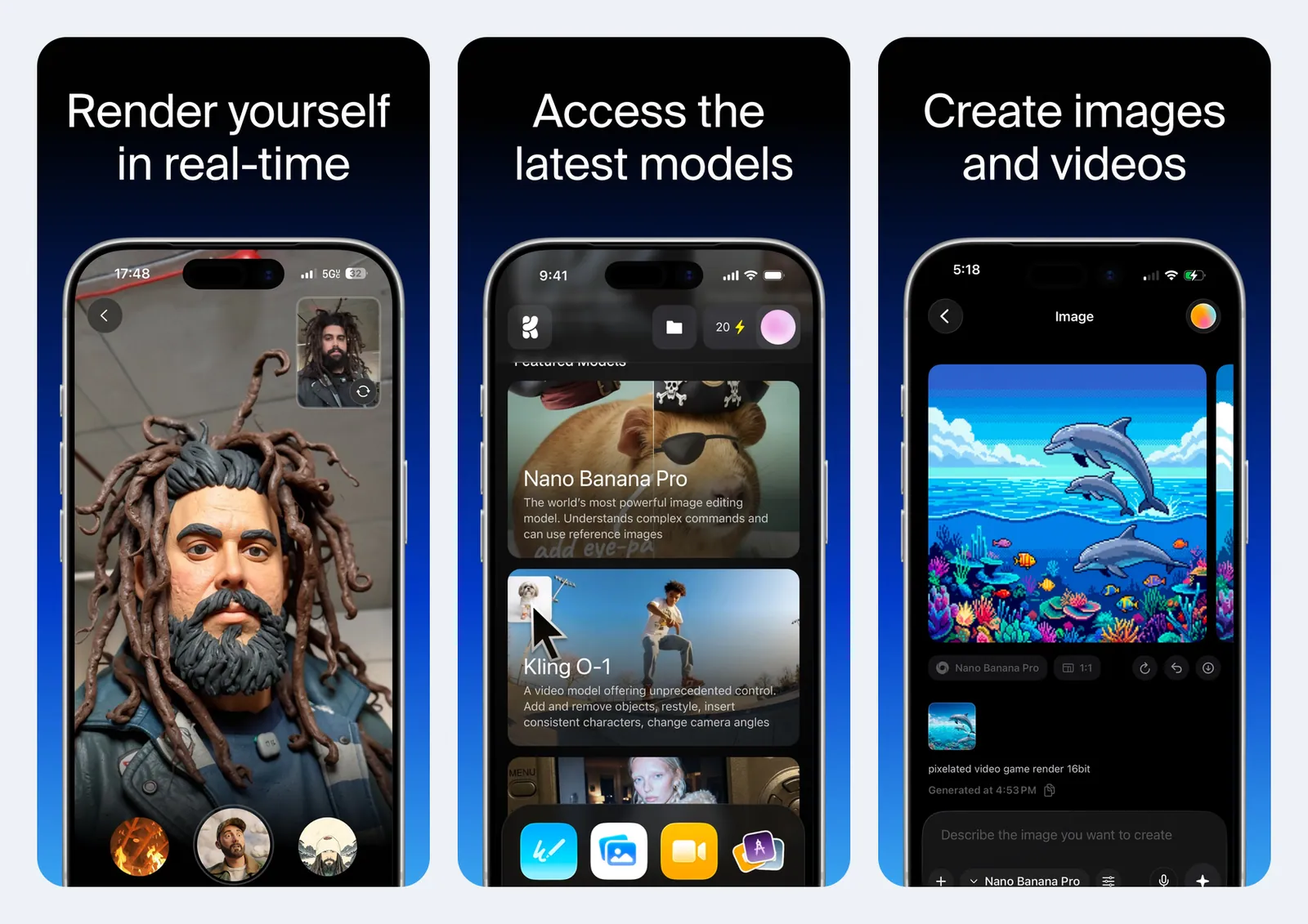 Tiga screenshot resmi aplikasi iOS Krea: "Render yourself in real-time" dengan kamera depan, "Access the latest models" berisi kartu Nano Banana Pro dan Kling O-1 dengan saldo 20 kredit, serta "Create images and videos" dengan kolom prompt dan pilihan model Nano Banana Pro rasio 1:1