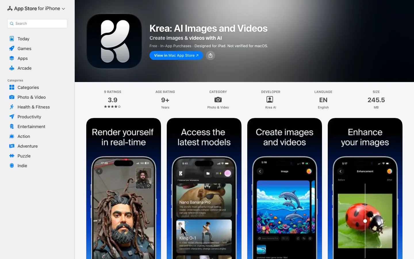 Halaman App Store Indonesia untuk aplikasi Krea: AI Images and Videos, gratis dengan pembelian dalam aplikasi, rating 3,9 dari 9 penilaian, usia 9+, kategori Photo & Video, bahasa English, ukuran 245,5 MB