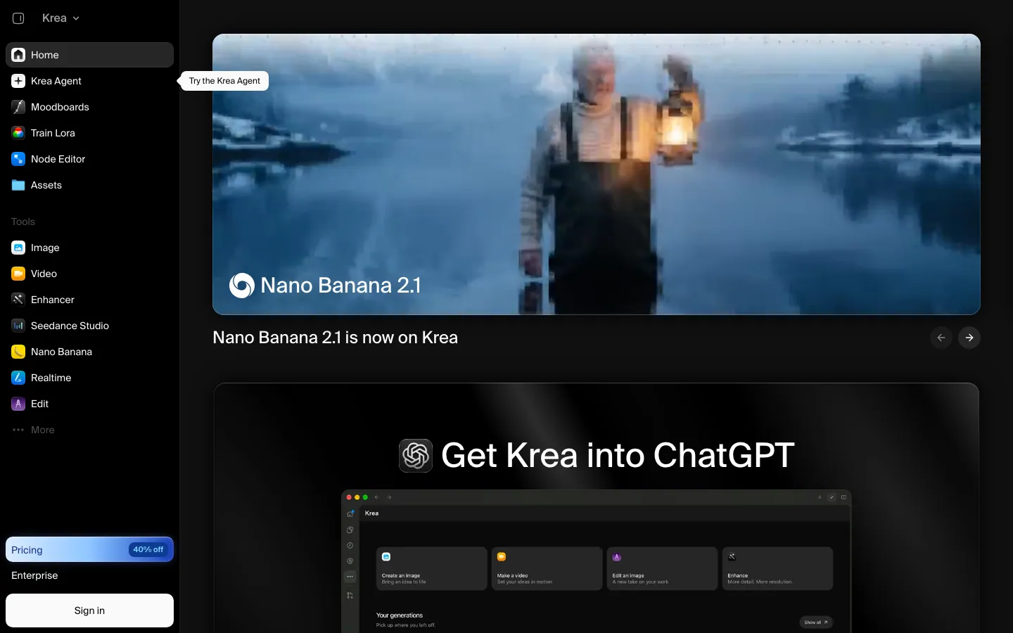Halaman depan aplikasi web Krea dengan tema gelap: menu kiri berisi Home, Krea Agent, Moodboards, Train Lora, Node Editor, Assets, lalu daftar Tools; di tengah ada banner "Nano Banana 2.1 is now on Krea" dan "Get Krea into ChatGPT"