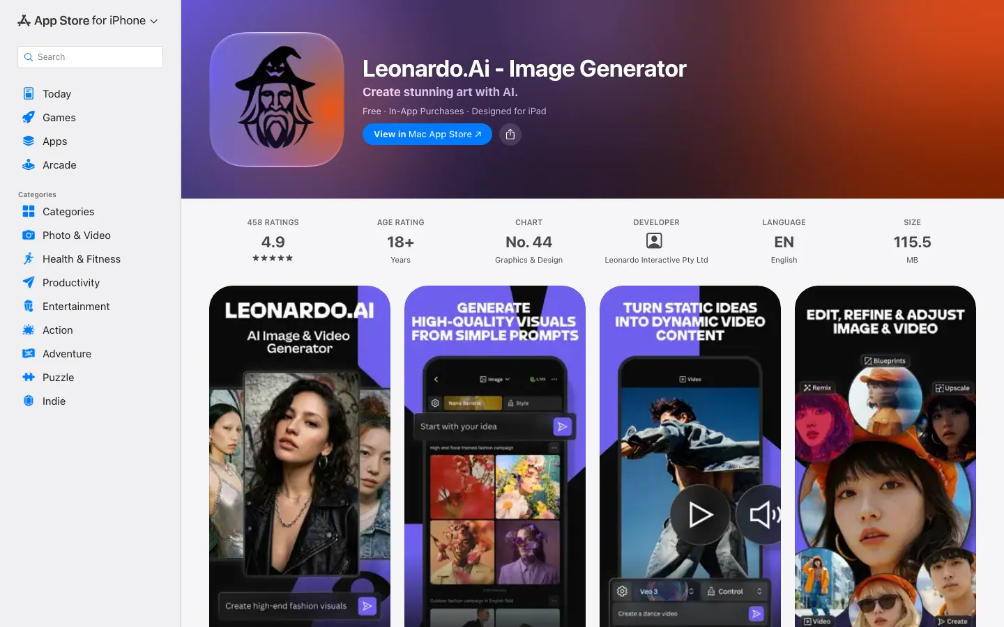 Halaman App Store Indonesia untuk Leonardo.Ai - Image Generator: rating 4,9 dari 458 penilaian, rating usia 18+, peringkat No. 44 di kategori Graphics and Design, bahasa EN, ukuran 115,5 MB