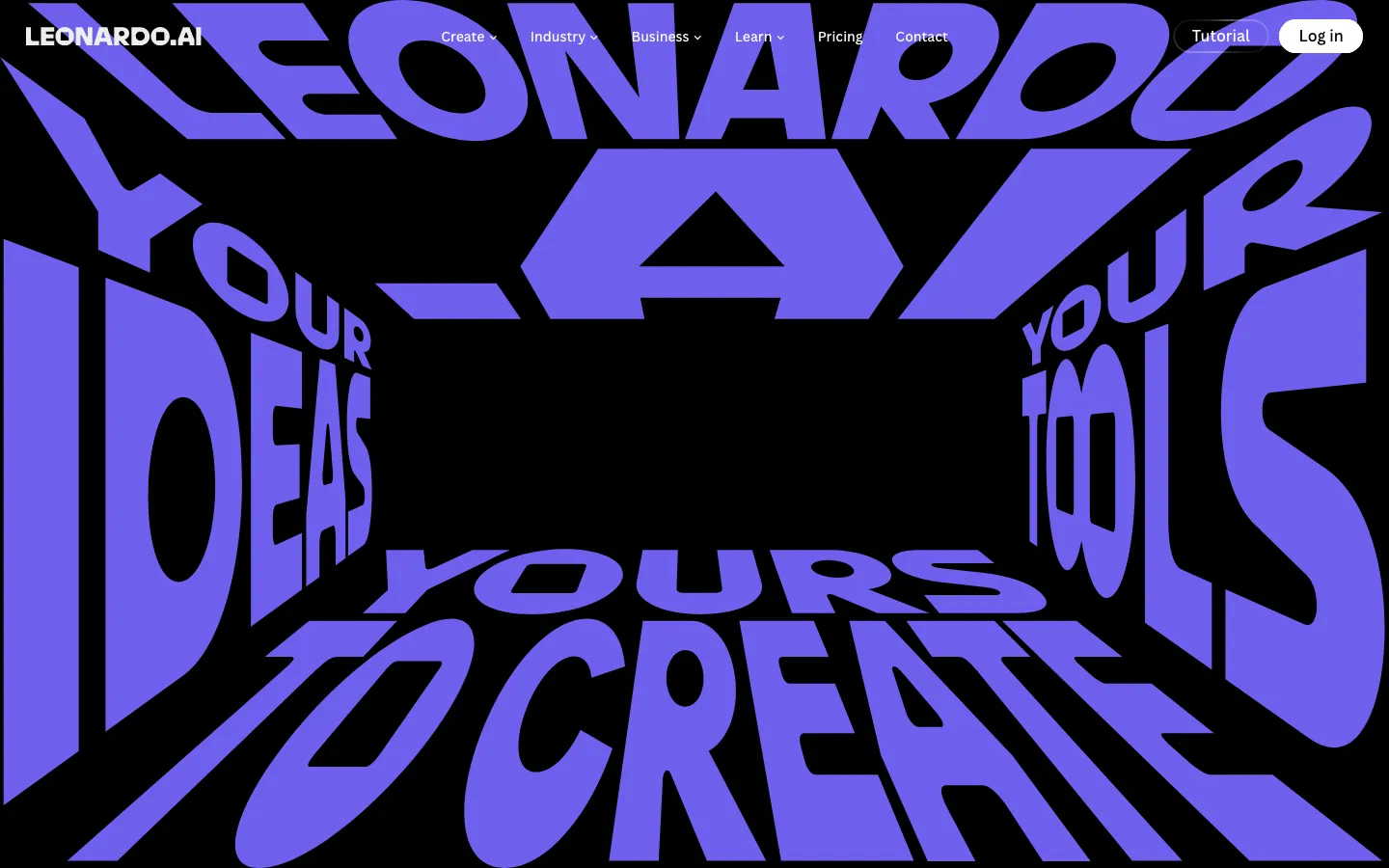 Halaman depan leonardo.ai dibuka tanpa login: tipografi ungu besar bertuliskan Leonardo.AI, Your Ideas, Your Tools, Yours to Create di latar hitam, dengan menu Create, Industry, Business, Learn, Pricing, Contact serta tombol Tutorial dan Log in di kanan atas