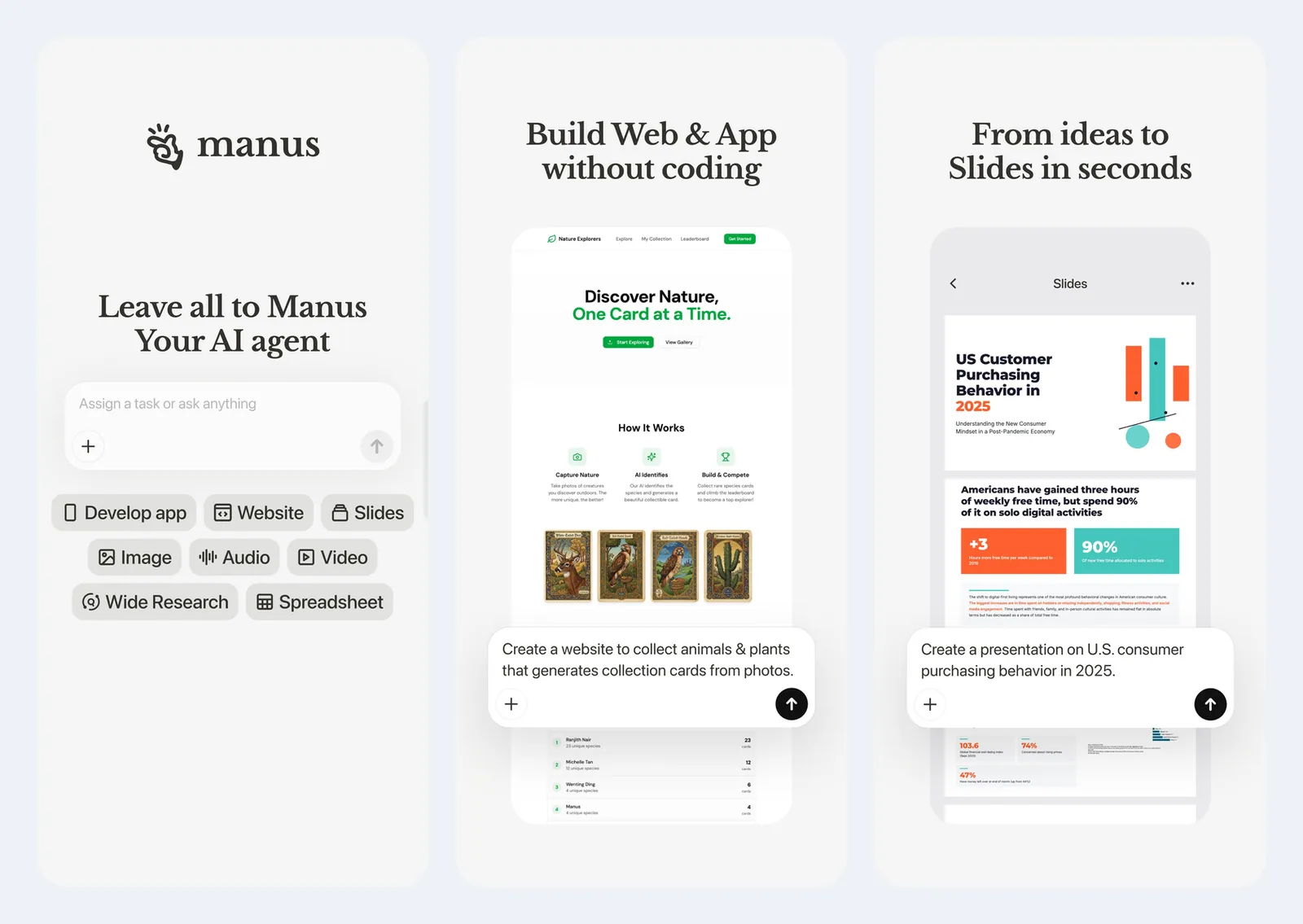Screenshot resmi aplikasi Manus di App Store: layar utama dengan tombol Develop app, Website, Slides, Image, Audio, Video, Wide Research, dan Spreadsheet, contoh website koleksi kartu hewan dan tumbuhan, serta contoh slide tentang perilaku belanja konsumen AS 2025