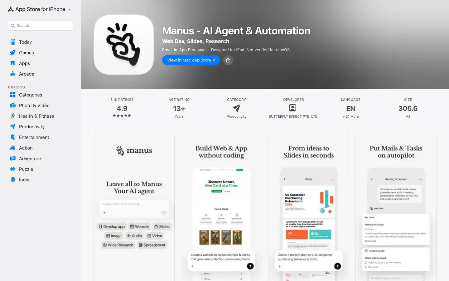 Halaman App Store Indonesia untuk Manus - AI Agent & Automation: rating 4,9 dari 1,1 ribu penilaian, usia 13+, kategori Productivity, ukuran 305,6 MB, dengan screenshot Build Web & App without coding dan Put Mails & Tasks on autopilot
