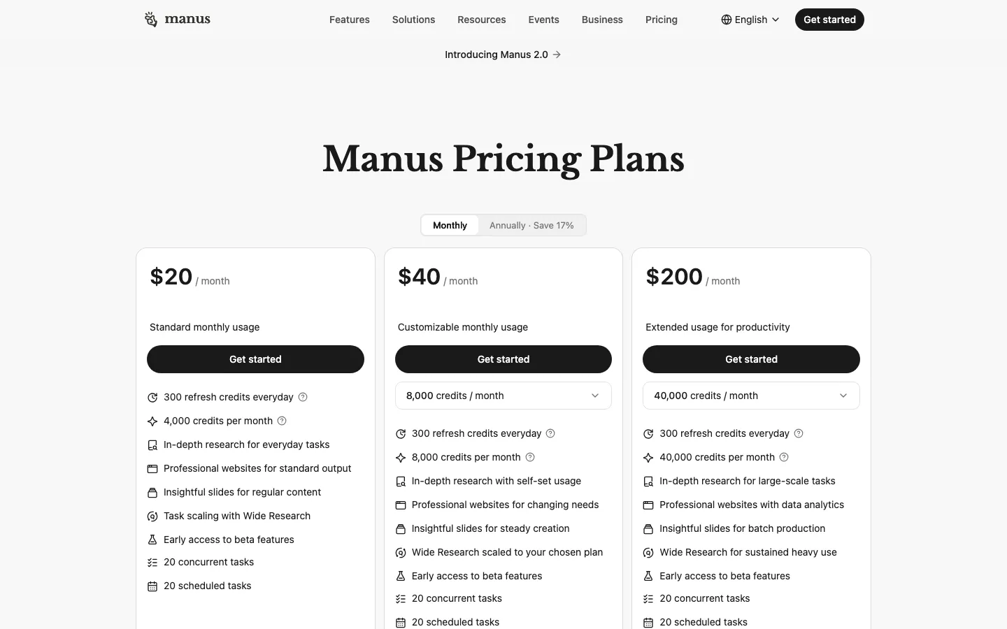 Halaman harga resmi Manus dengan sakelar Monthly / Annually (Save 17%) dan tiga kartu Pro: US$20 per bulan untuk 4.000 kredit, US$40 untuk 8.000 kredit, dan US$200 untuk 40.000 kredit, masing-masing dengan 300 kredit harian, 20 tugas paralel, dan 20 tugas terjadwal