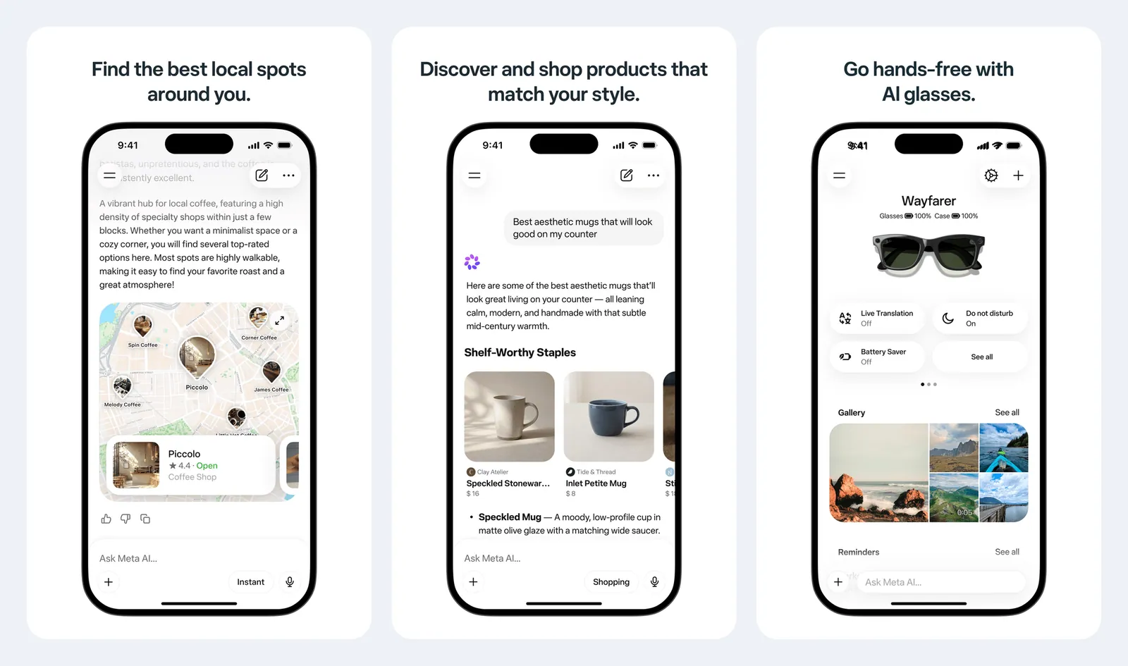 Screenshot resmi aplikasi Meta AI di App Store: jawaban rekomendasi kedai kopi dengan peta, kartu produk mug lengkap dengan harga, dan layar pengaturan kacamata AI dengan galeri foto