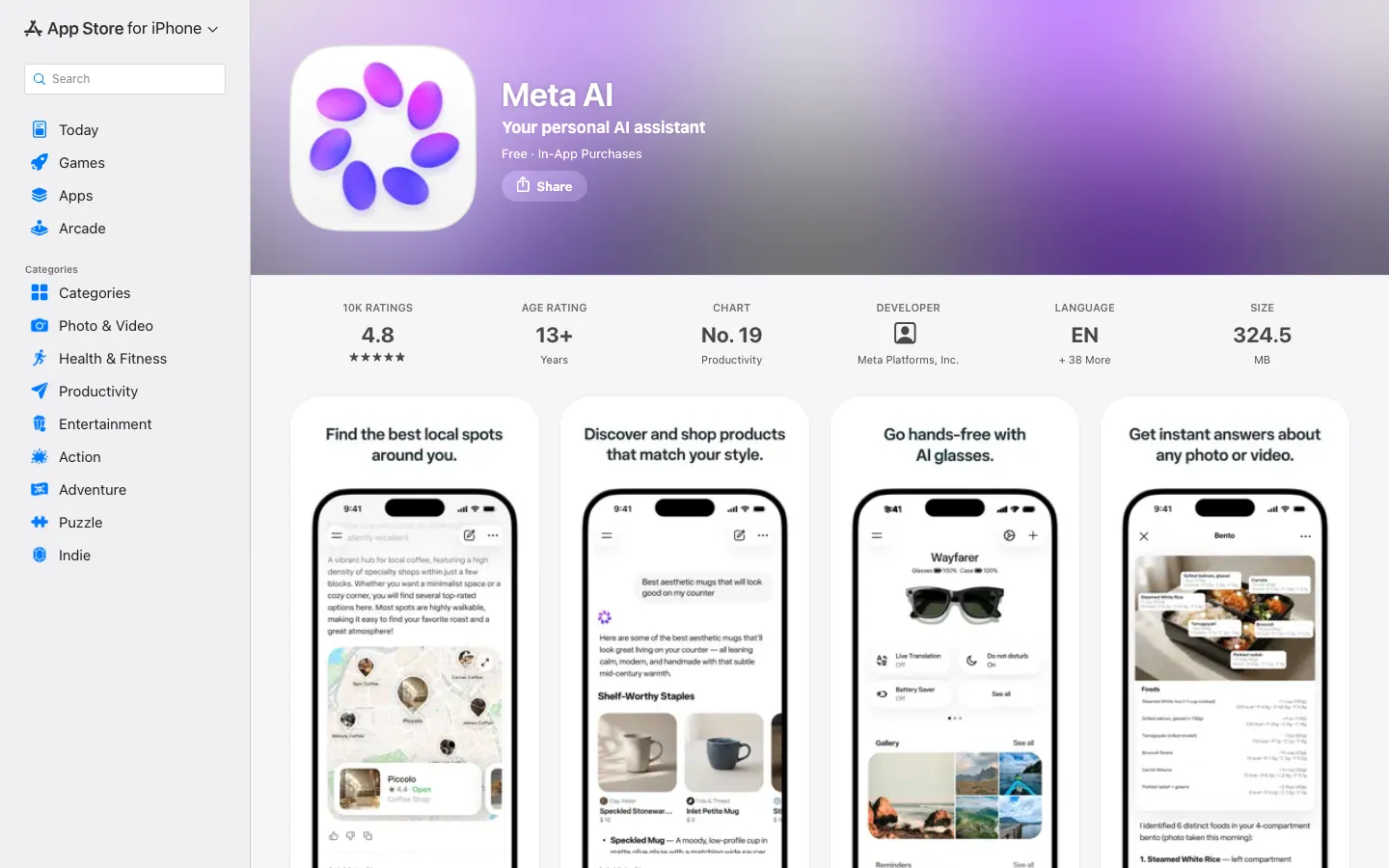 Halaman App Store Indonesia untuk Meta AI: gratis dengan pembelian dalam aplikasi, rating 4,8 dari 10 ribu penilaian, peringkat 19 Produktivitas, ukuran 324,5 MB