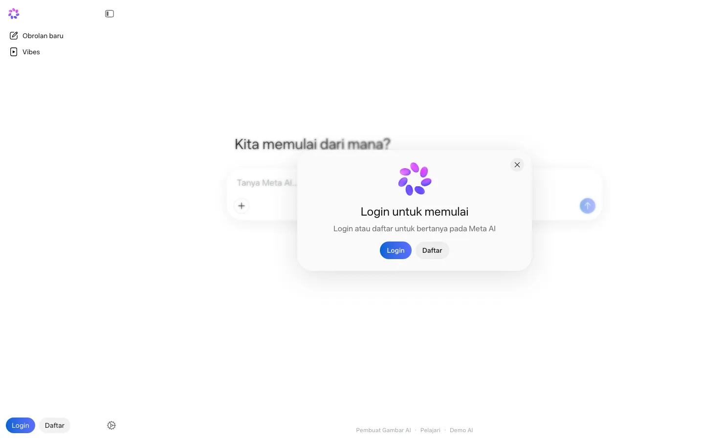 Halaman depan meta.ai dibuka tanpa login dari Indonesia: menu Obrolan baru dan Vibes di kiri, kolom Tanya Meta AI di tengah, dan jendela Login untuk memulai dengan tombol Login dan Daftar