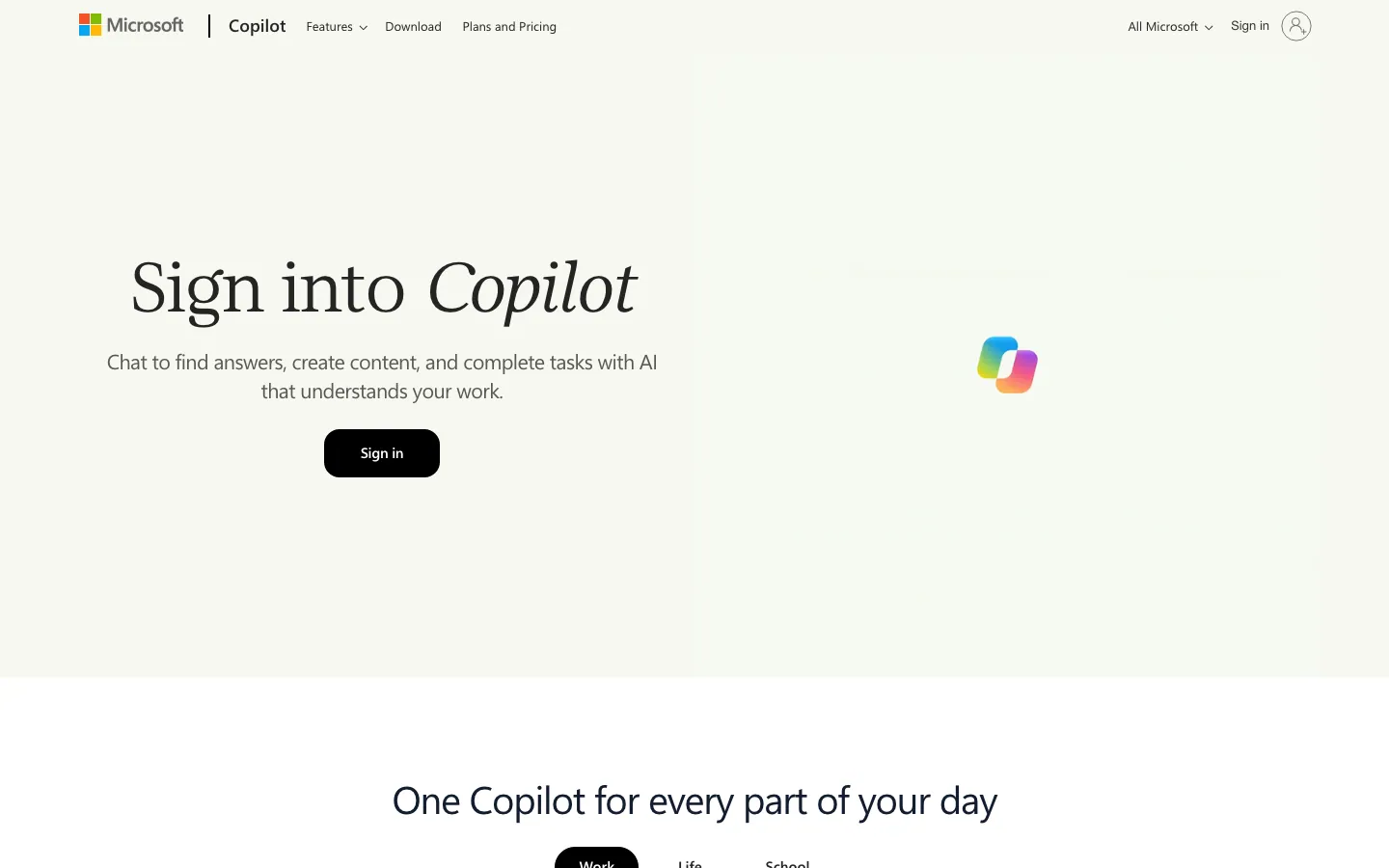 Halaman depan copilot.com saat dibuka tanpa login: judul besar Sign into Copilot, satu tombol hitam Sign in, logo Copilot warna-warni di kanan, dan menu Features, Download, Plans and Pricing di atas