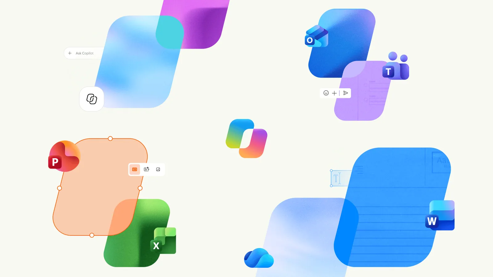 Gambar resmi Microsoft Copilot: logo Copilot di tengah, dikelilingi ikon Word, Excel, PowerPoint, Outlook, Teams, dan OneDrive, plus kotak kecil bertuliskan Ask Copilot