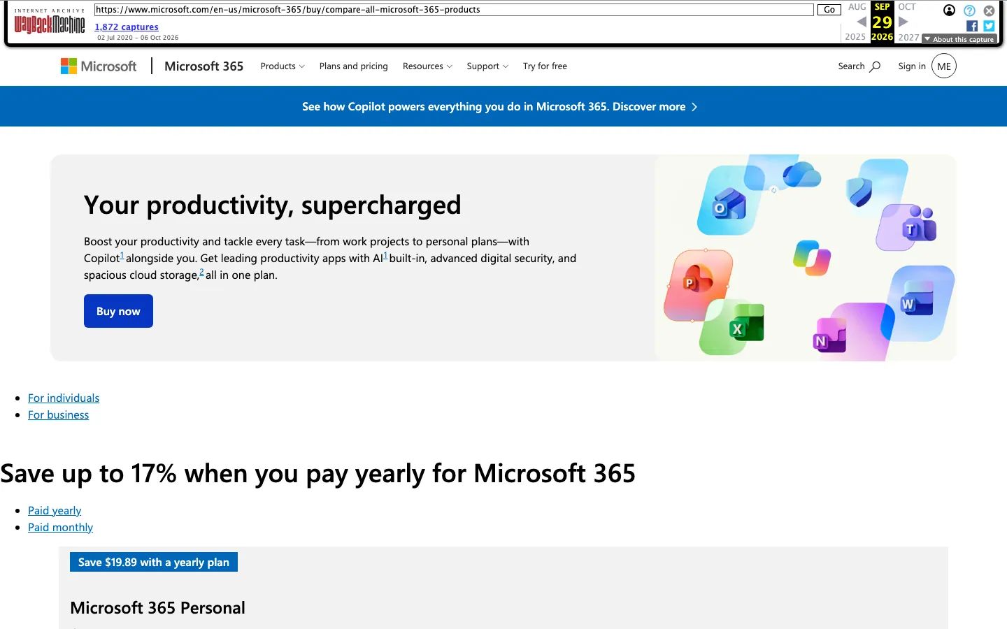 Halaman Plans and pricing Microsoft 365 versi Amerika Serikat: banner biru tentang Copilot, judul Your productivity, supercharged, pilihan For individuals atau For business, dan tulisan Save up to 17% when you pay yearly