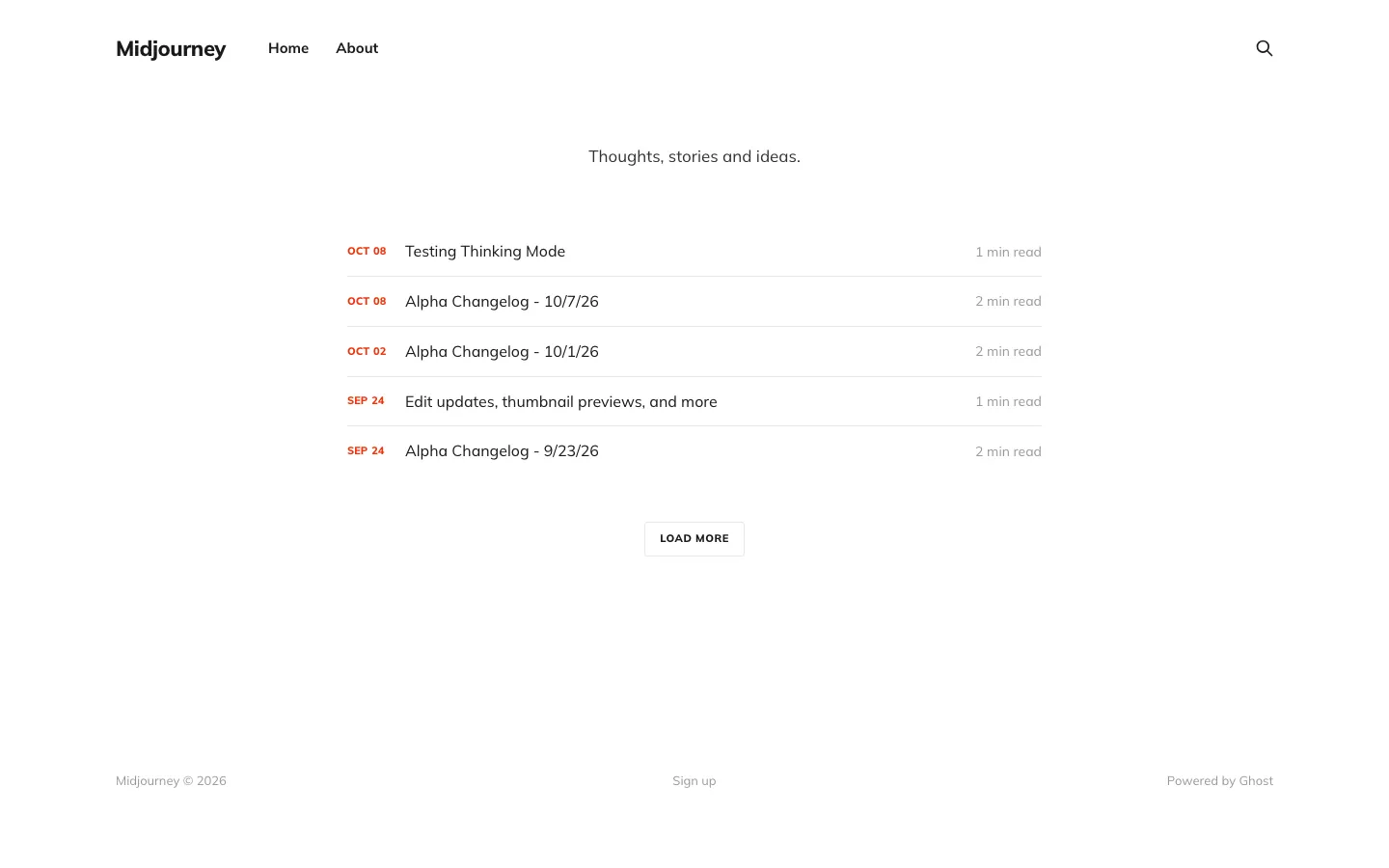 Halaman update resmi Midjourney (updates.midjourney.com) per 10 Oktober 2026: daftar catatan terbaru seperti Testing Thinking Mode (8 Oktober) dan Alpha Changelog 7 Oktober 2026