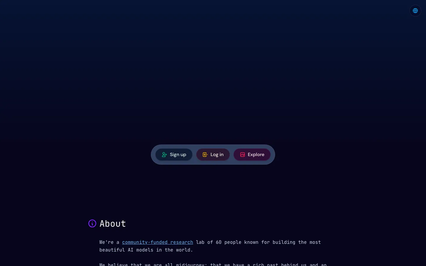 Halaman depan midjourney.com saat dibuka tanpa login: latar biru gelap dengan tiga tombol di tengah (Sign up, Log in, Explore), ikon bahasa di kanan atas, dan bagian About yang menyebut lab riset 60 orang