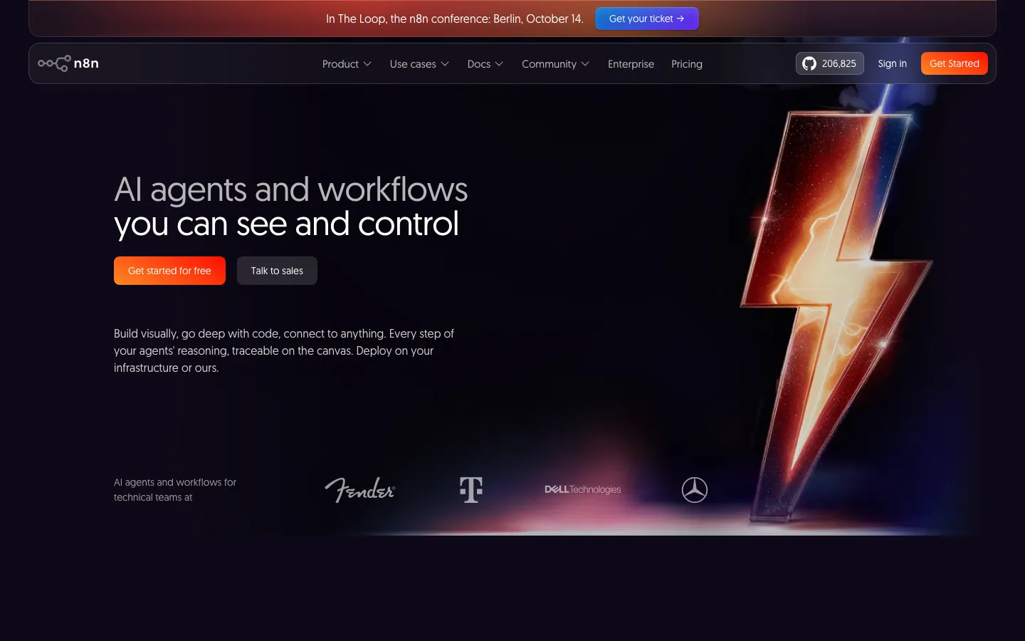 Halaman depan n8n.io bertema gelap: judul "AI agents and workflows you can see and control", tombol oranye "Get started for free" dan "Talk to sales", jumlah bintang GitHub 206.825 di pojok kanan atas, serta logo Fender, Telekom, Dell Technologies, dan Mercedes-Benz