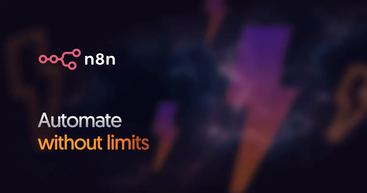 Gambar resmi n8n untuk dibagikan: logo n8n berwarna merah muda dan slogan "Automate without limits" di atas latar gelap bergambar petir