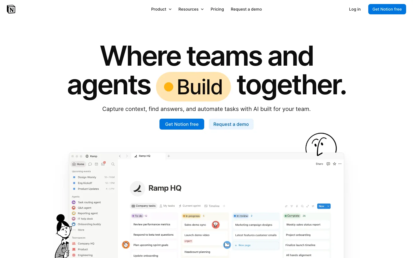 Halaman depan notion.com dengan judul "Where teams and agents Build together", tombol Get Notion free dan Request a demo, serta pratinjau workspace berisi sidebar agen dan papan tugas To-do, In progress, In review, Complete
