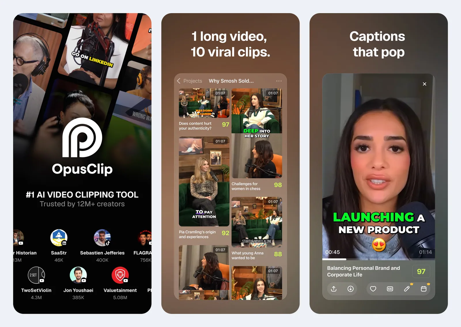 Screenshot resmi aplikasi OpusClip di App Store: layar pembuka dengan logo, daftar klip dari satu proyek podcast bertanda skor 97, 98, 92, dan 88, serta pratinjau klip dengan caption besar "LAUNCHING A NEW PRODUCT"