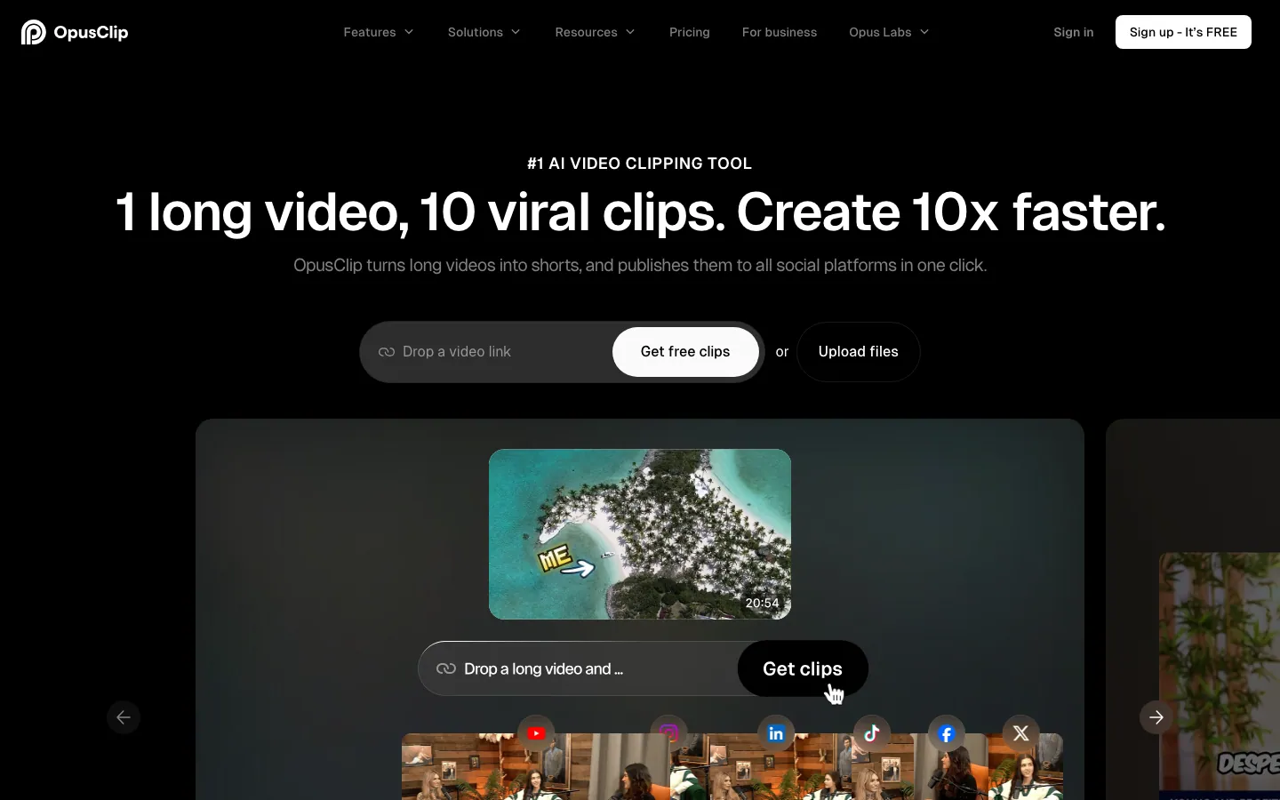 Halaman depan opus.pro bertema gelap: judul besar tentang satu video panjang menjadi sepuluh klip, kolom "Drop a video link" dengan tombol "Get free clips", dan tombol "Upload files" di sebelahnya