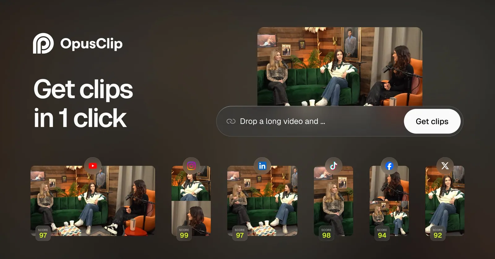 Gambar resmi OpusClip: satu video podcast diproses menjadi enam klip dengan skor 92 sampai 99, masing-masing ditandai ikon YouTube, Instagram, LinkedIn, TikTok, Facebook, dan X