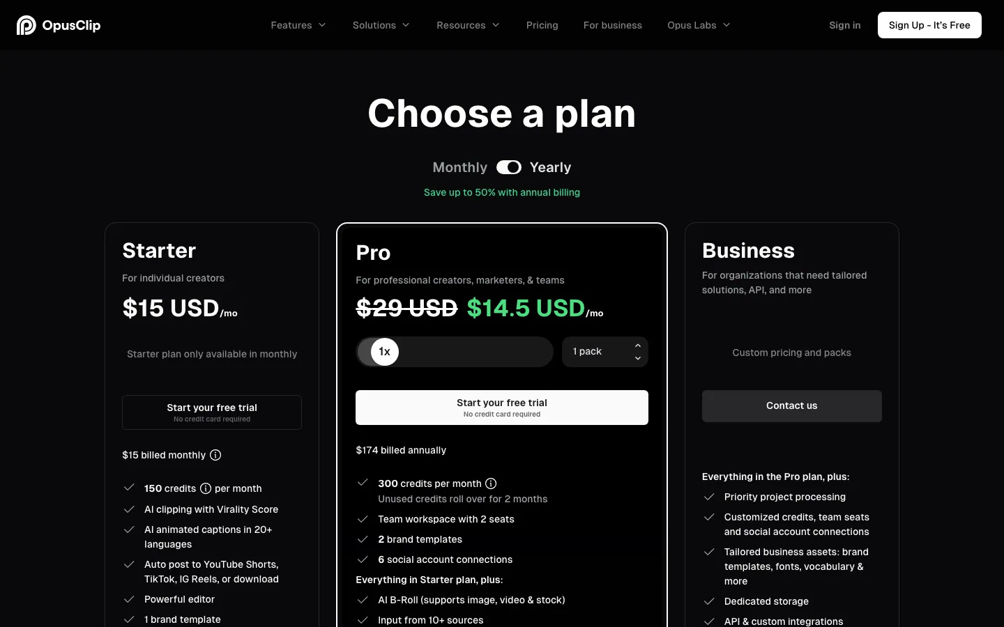 Halaman harga resmi OpusClip dengan pilihan Monthly atau Yearly: Starter US$15 per bulan, Pro US$29 dicoret menjadi US$14,5 per bulan (tagihan US$174 per tahun), dan Business dengan harga khusus