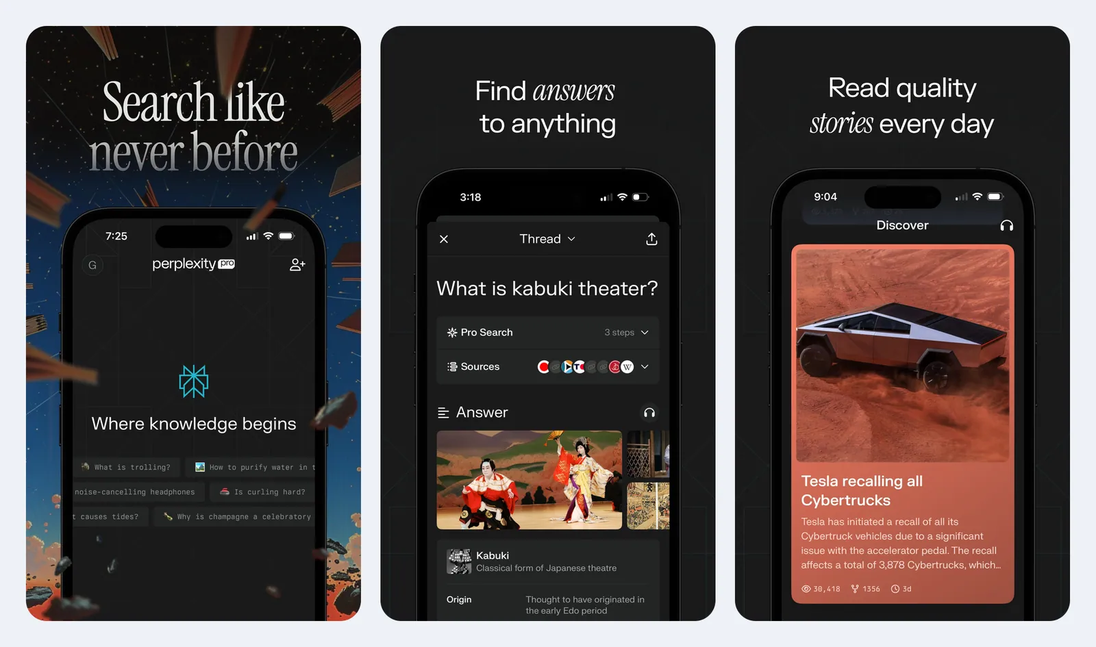 Screenshot resmi aplikasi Perplexity di App Store: layar awal bertuliskan Where knowledge begins dengan contoh pertanyaan, layar utas "What is kabuki theater?" yang menampilkan Pro Search 3 langkah, deretan ikon sumber, dan jawaban bergambar, serta layar Discover berisi kartu berita