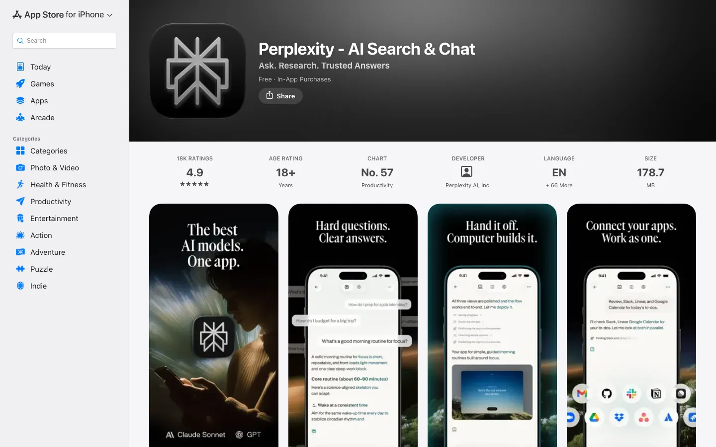 Halaman App Store Indonesia untuk Perplexity - AI Search and Chat: rating 4,9 dari 18 ribu penilaian, peringkat No. 57 Productivity, ukuran 178,7 MB, dengan screenshot bertema model AI terbaik, Computer, dan konektor aplikasi seperti Gmail, Slack, dan Notion