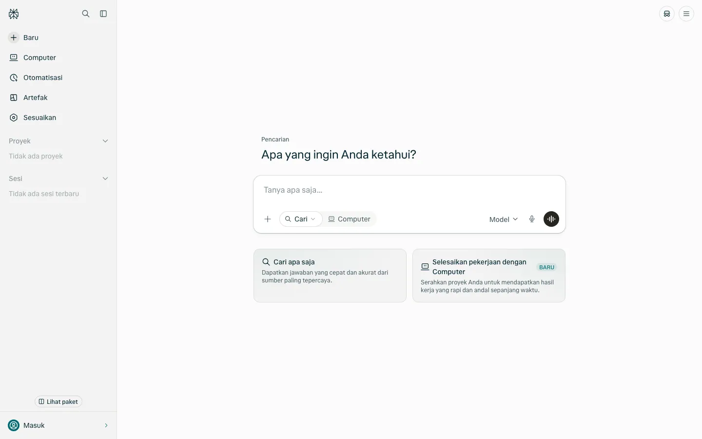 Halaman depan perplexity.ai tanpa login: sidebar kiri berisi Baru, Computer, Otomatisasi, Artefak, dan Sesuaikan, kolom besar "Tanya apa saja..." di tengah dengan tombol Cari, Computer, dan pilihan Model, serta dua kartu Cari apa saja dan Selesaikan pekerjaan dengan Computer