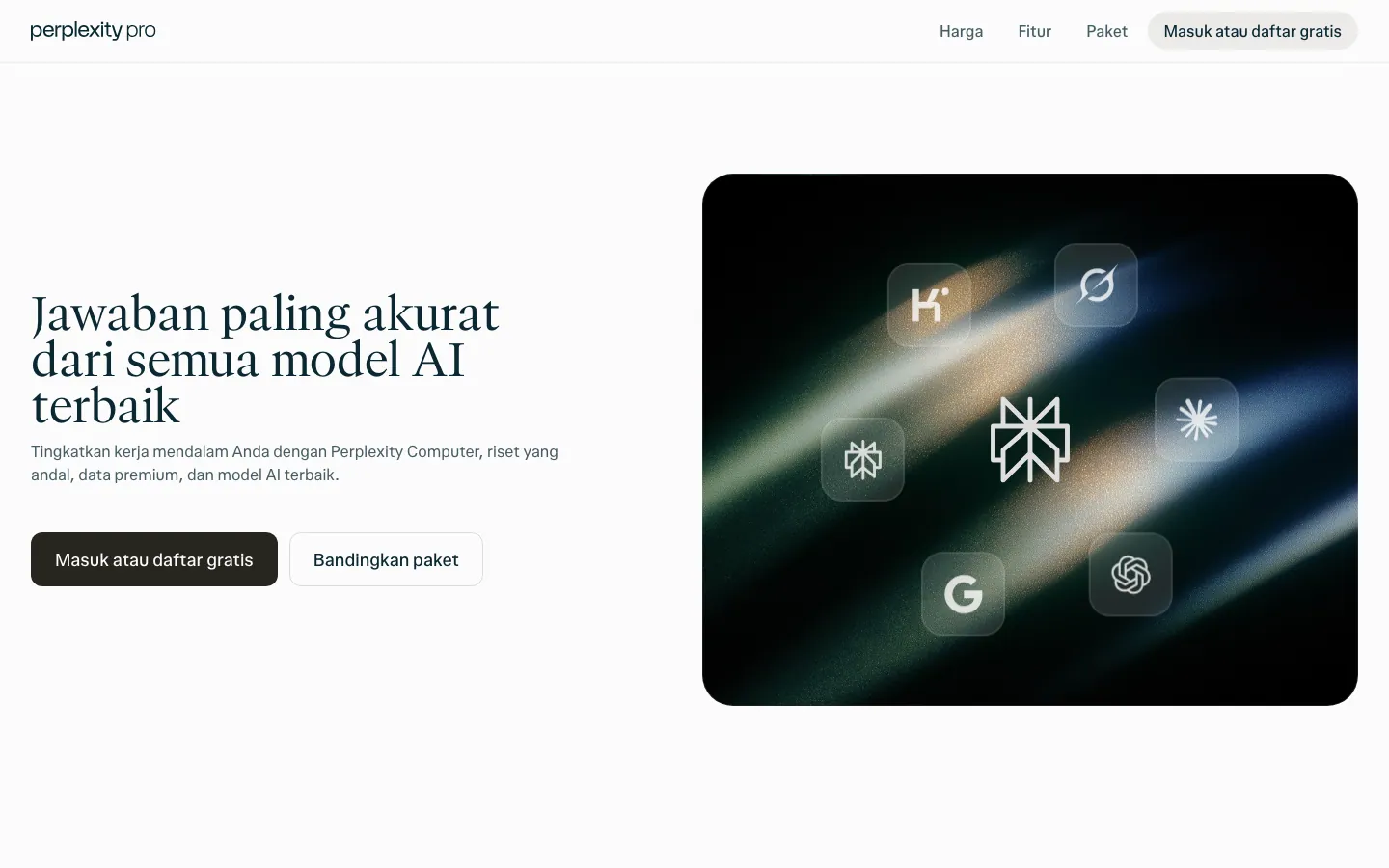 Halaman resmi perplexity.ai/pro versi Indonesia: judul "Jawaban paling akurat dari semua model AI terbaik", tombol Masuk atau daftar gratis dan Bandingkan paket, serta ikon model AI dari OpenAI, Google, Anthropic, dan lainnya