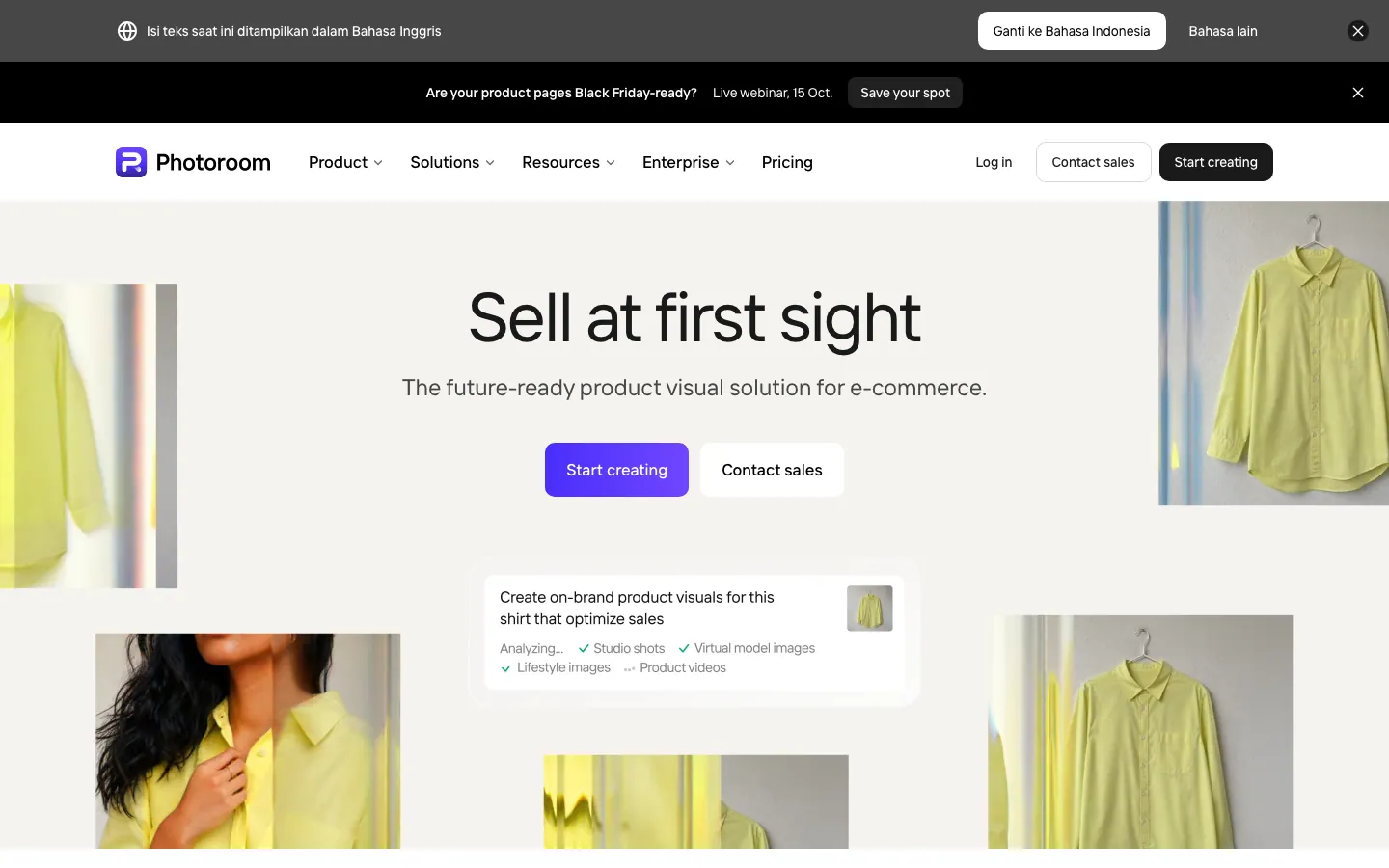 Halaman depan photoroom.com: banner "Ganti ke Bahasa Indonesia" di atas, menu Product, Solutions, Resources, Enterprise, Pricing, judul "Sell at first sight", tombol ungu Start creating, dan kartu demo berisi perintah membuat visual untuk kemeja kuning