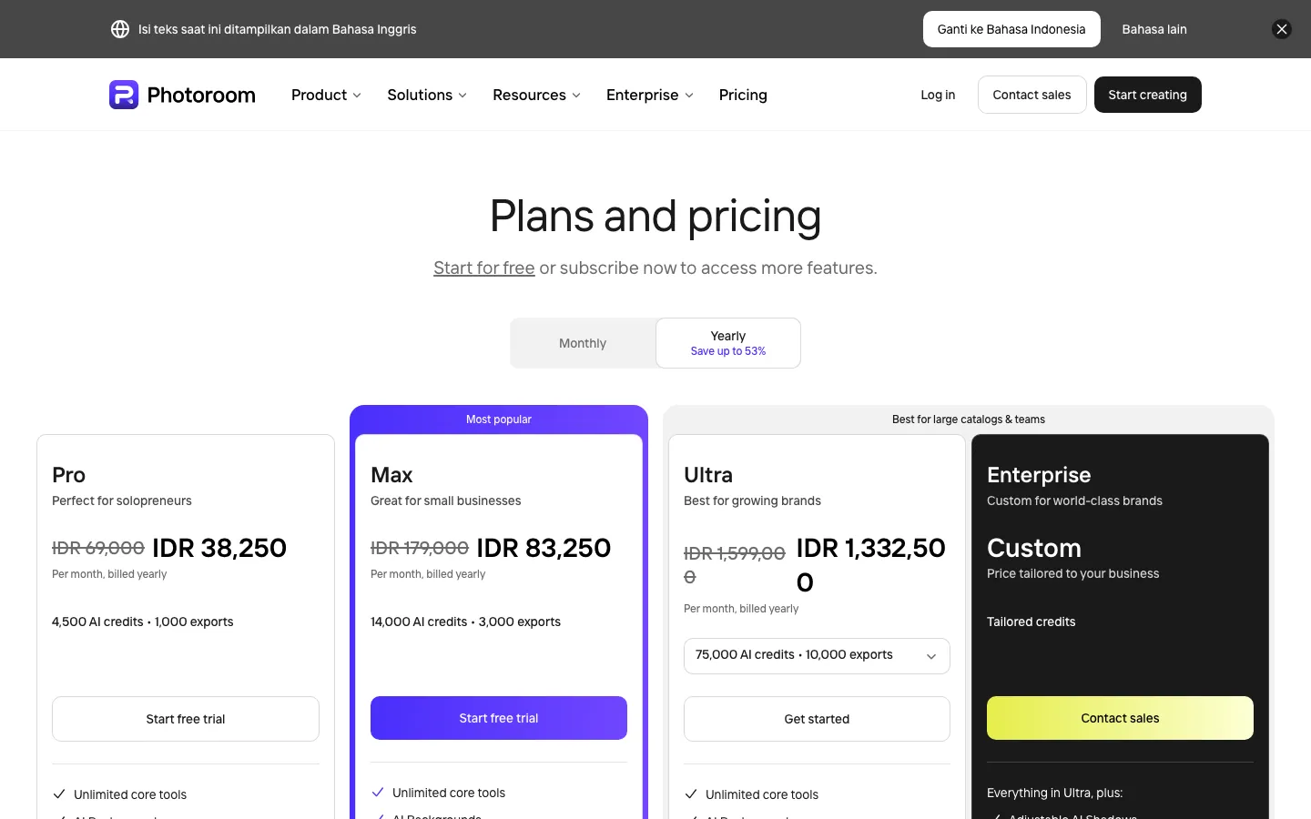 Halaman harga resmi Photoroom dari Indonesia dengan pilihan Tahunan "Save up to 53%": Pro IDR 38,250, Max IDR 83,250 berlabel Most popular, Ultra IDR 1,332,500 per bulan ditagih tahunan, dan Enterprise Custom
