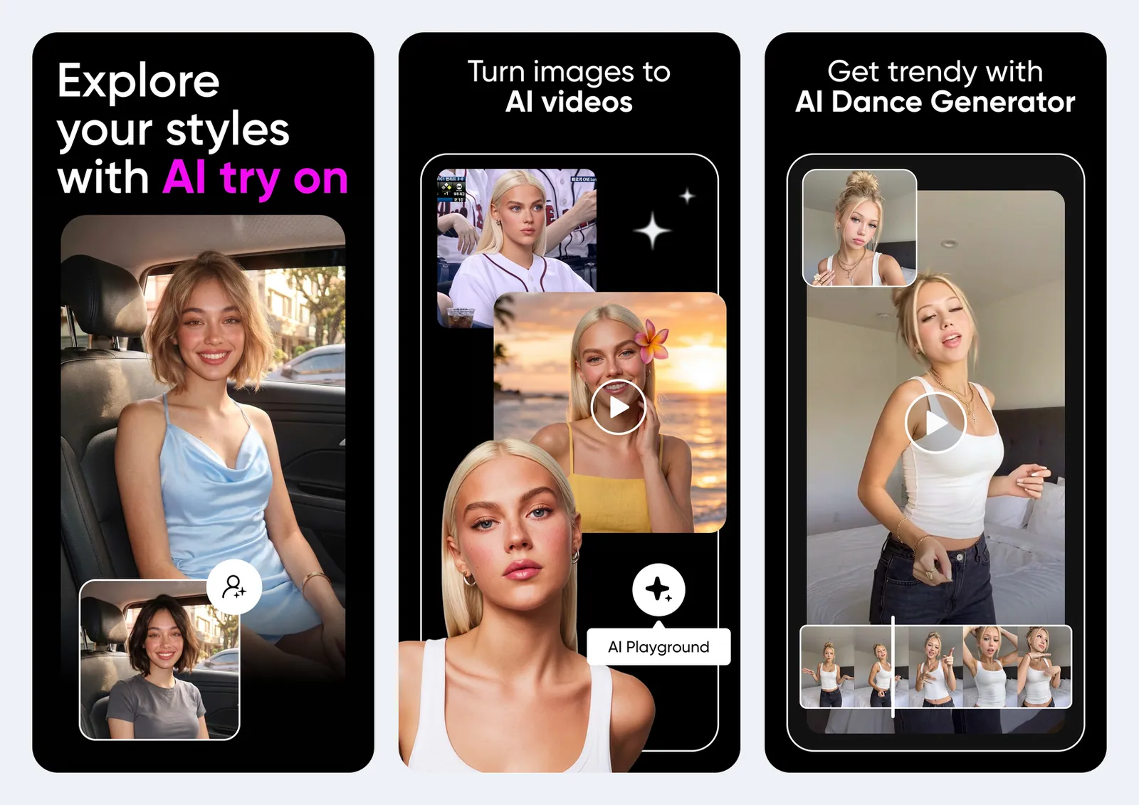 Tiga screenshot resmi aplikasi Picsart di App Store: Explore your styles with AI try on, Turn images to AI videos dengan tombol AI Playground, dan Get trendy with AI Dance Generator