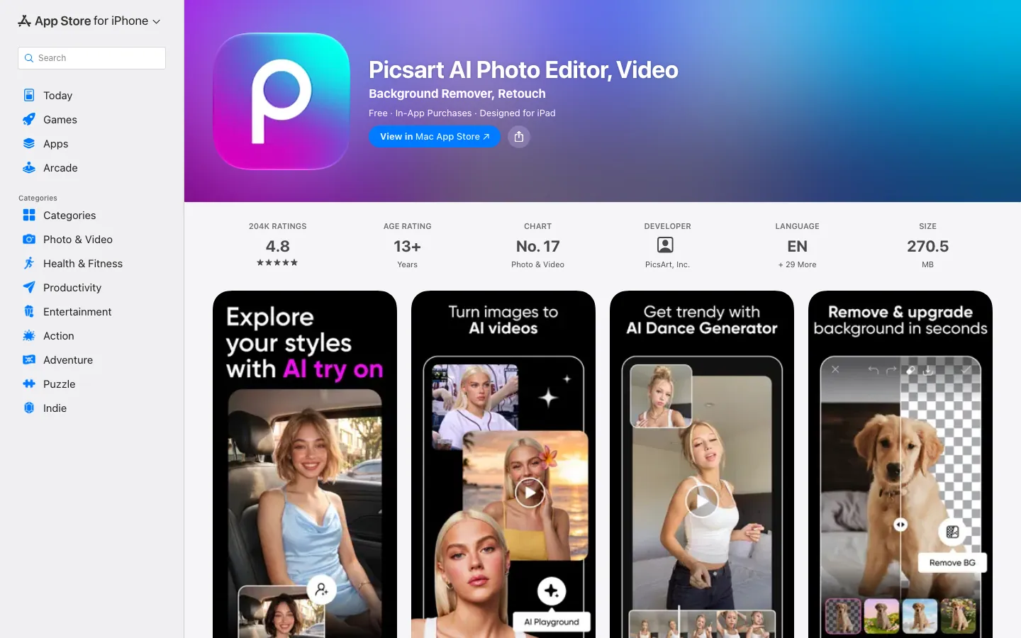 Halaman App Store Indonesia untuk Picsart AI Photo Editor, Video: rating 4,8 dari 204 ribu penilaian, usia 13+, peringkat No. 17 kategori Photo & Video, ukuran 270,5 MB, serta screenshot AI try on, gambar ke video AI, AI Dance Generator, dan hapus background