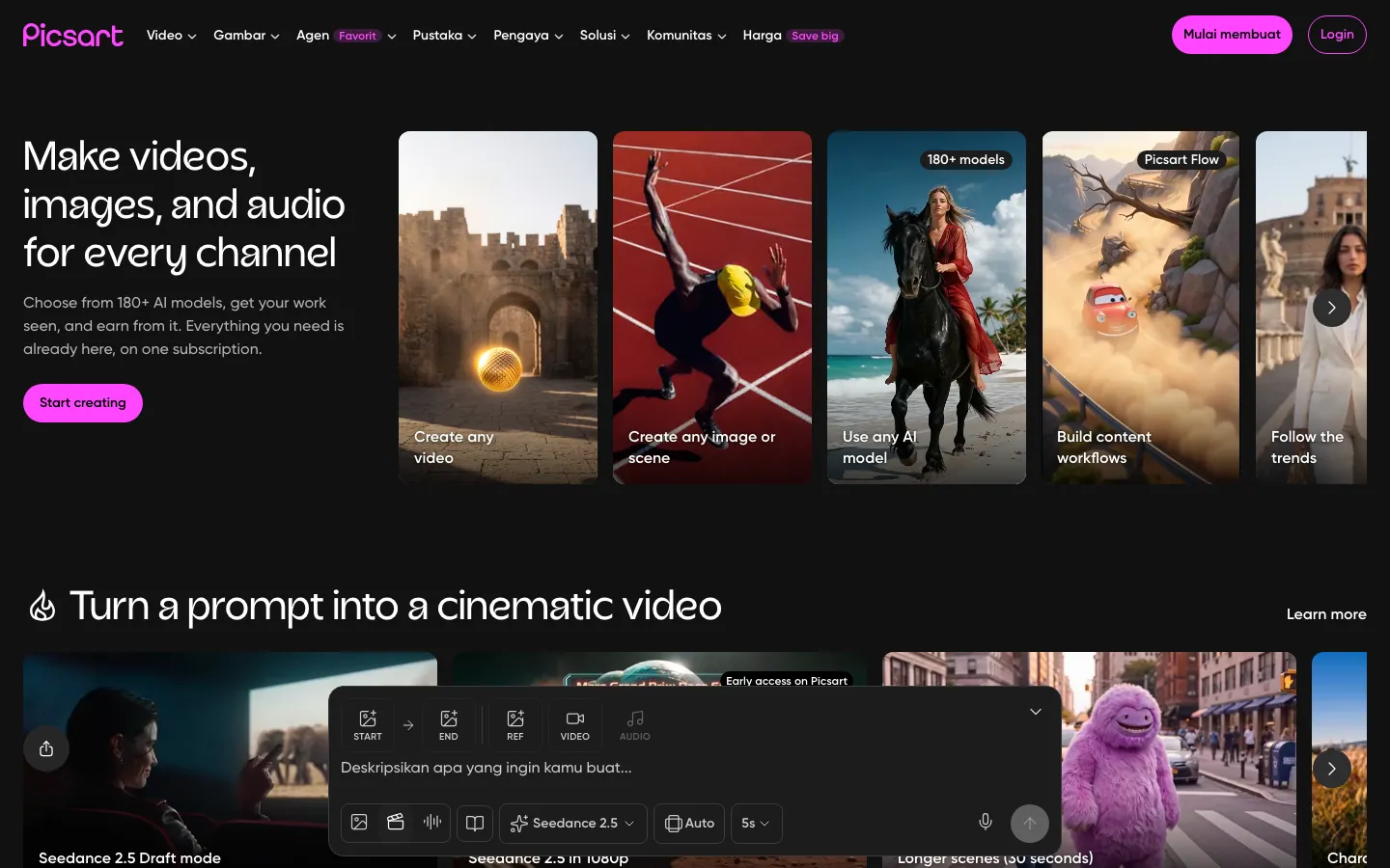 Halaman depan picsart.com bertema gelap: menu Video, Gambar, Agen, Pustaka, Pengaya, Solusi, Komunitas, Harga, judul Make videos, images, and audio for every channel, deretan kartu Create any video sampai Follow the trends, dan kotak prompt Deskripsikan apa yang ingin kamu buat dengan pilihan model Seedance 2.5