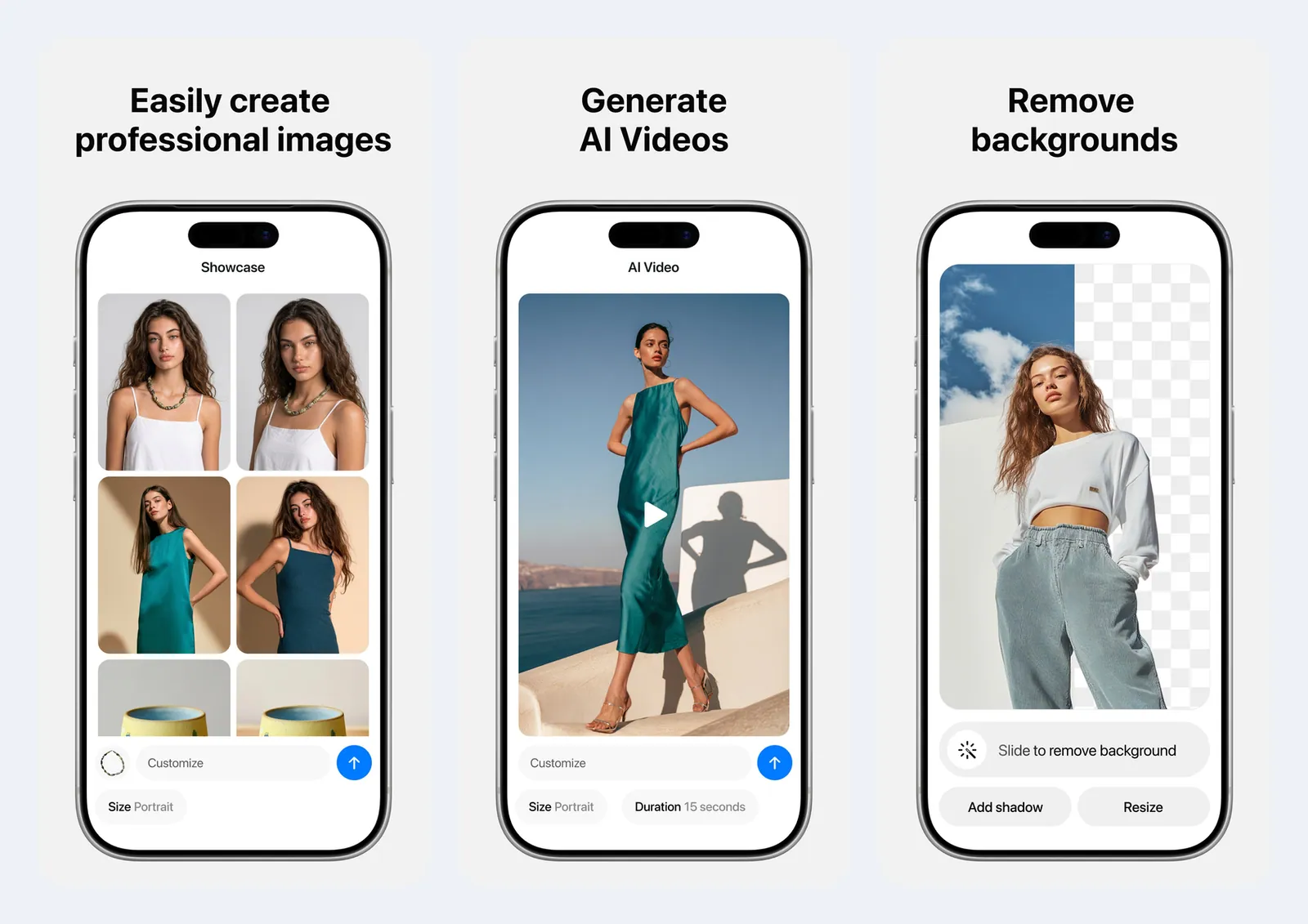 Tiga screenshot resmi aplikasi Pixelcut di iPhone: layar Showcase berisi grid foto model dengan kolom Customize, layar AI Video dengan pilihan Size dan Duration 15 seconds, dan layar hapus background dengan tombol Slide to remove background, Add shadow, dan Resize