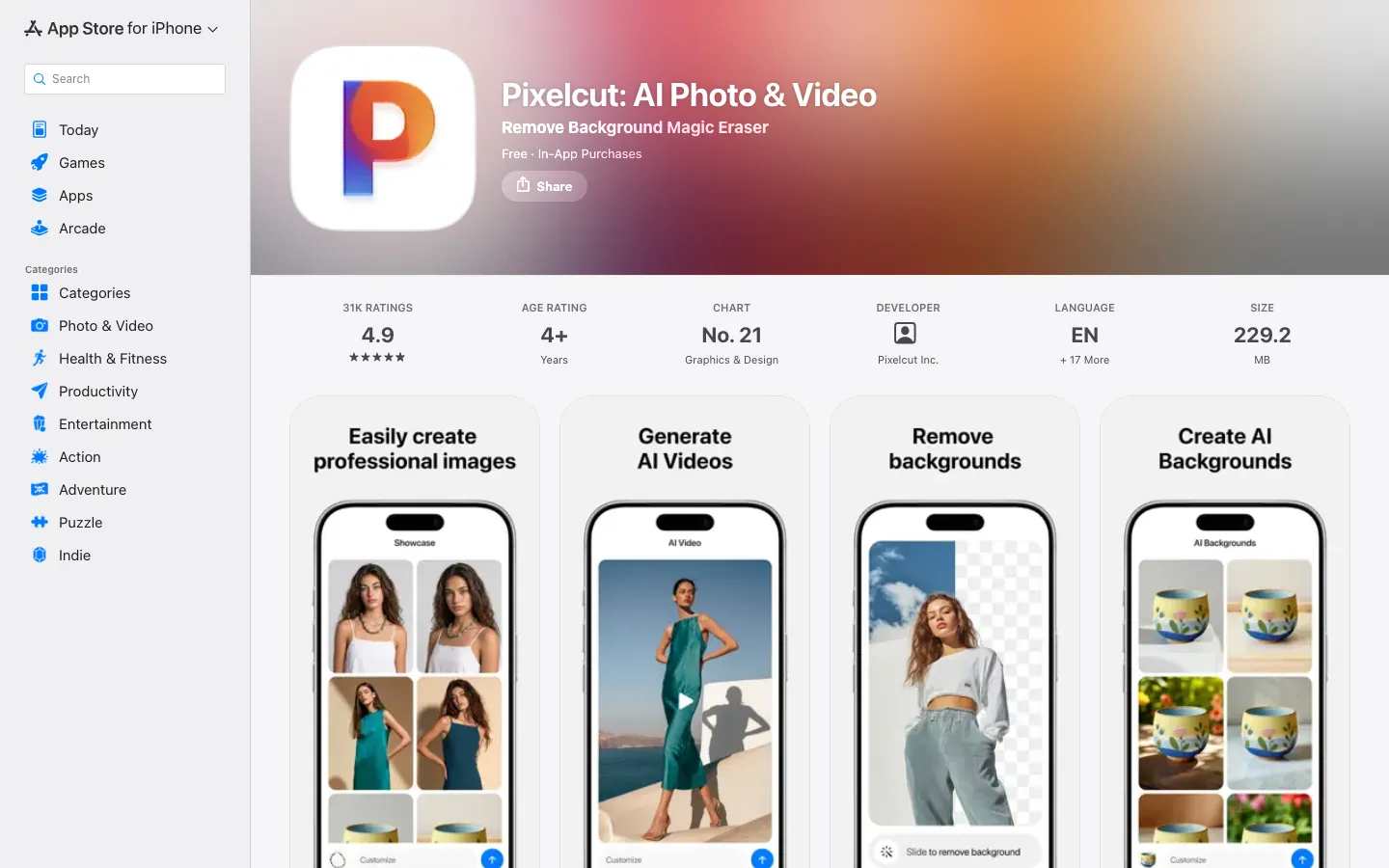 Halaman App Store Indonesia untuk Pixelcut: AI Photo & Video dengan rating 4,9 dari 31 ribu penilaian, peringkat No. 21 kategori Graphics & Design, dan ukuran aplikasi 229,2 MB
