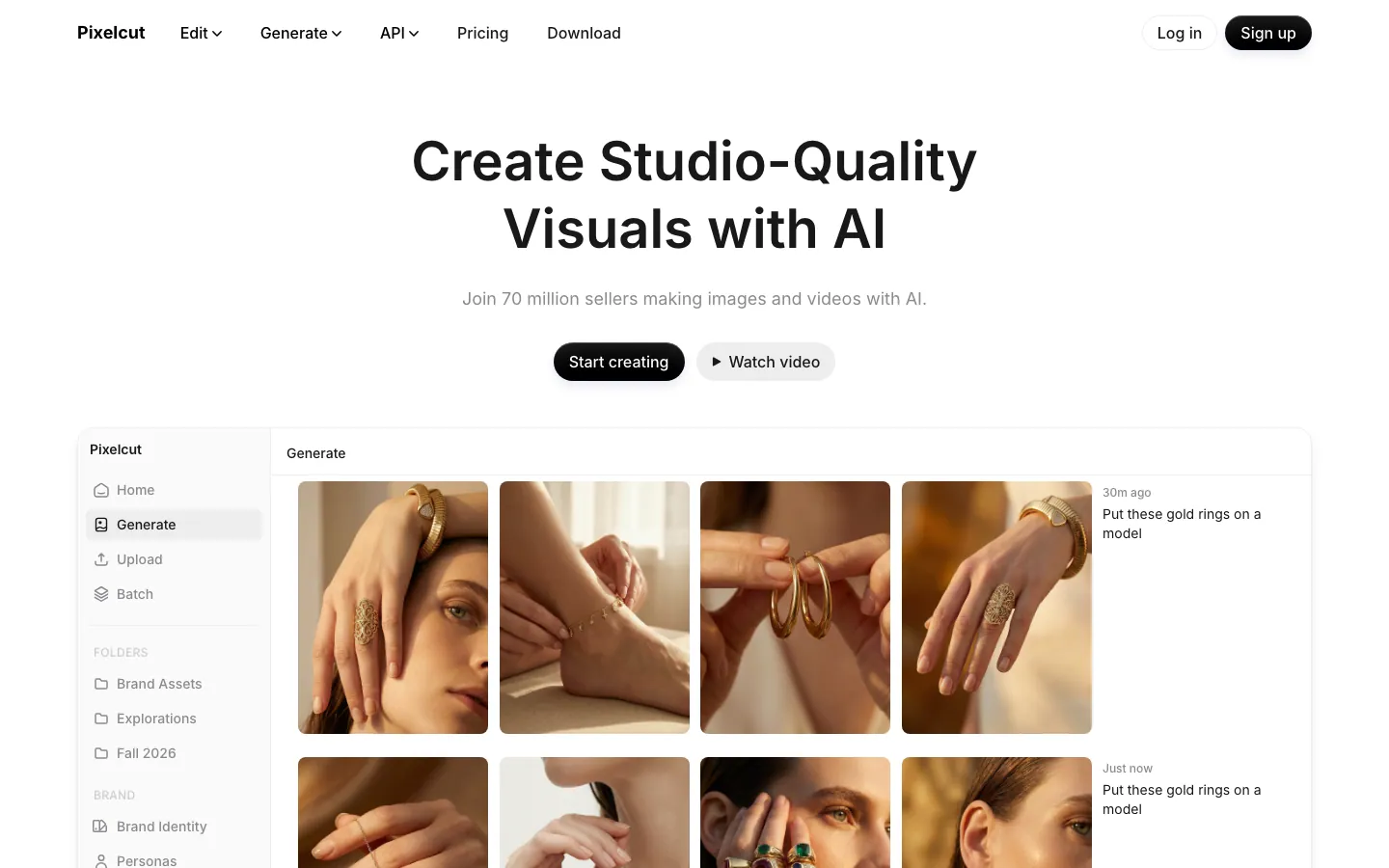 Halaman depan Pixelcut dengan judul Create Studio-Quality Visuals with AI, tombol Start creating dan Watch video, serta contoh ruang kerja berisi menu Home, Generate, Upload, Batch dan hasil foto perhiasan emas pada model AI