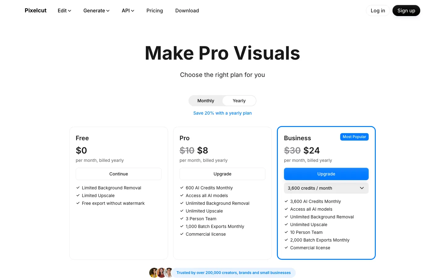 Halaman harga resmi Pixelcut dengan pilihan Monthly atau Yearly: kartu Free US$0, Pro US$10 dicoret menjadi US$8, dan Business US$30 dicoret menjadi US$24 per bulan bila ditagih tahunan
