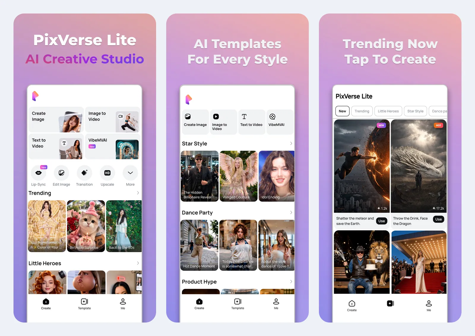 Screenshot resmi PixVerse Lite di App Store: layar Create dengan tombol Create Image, Image to Video, Text to Video, VibeMVAI, deretan template Trending, Star Style, Dance Party, dan tab bawah Create, Template, Me