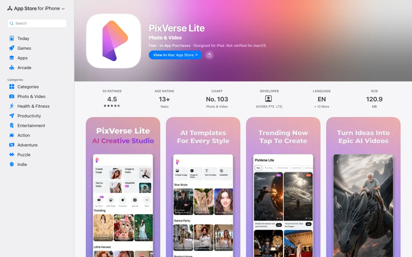 Halaman App Store Indonesia untuk PixVerse Lite: gratis dengan pembelian dalam aplikasi, rating 4,5 dari 50 ulasan, usia 13+, peringkat 103 kategori Photo & Video, ukuran 120,9 MB