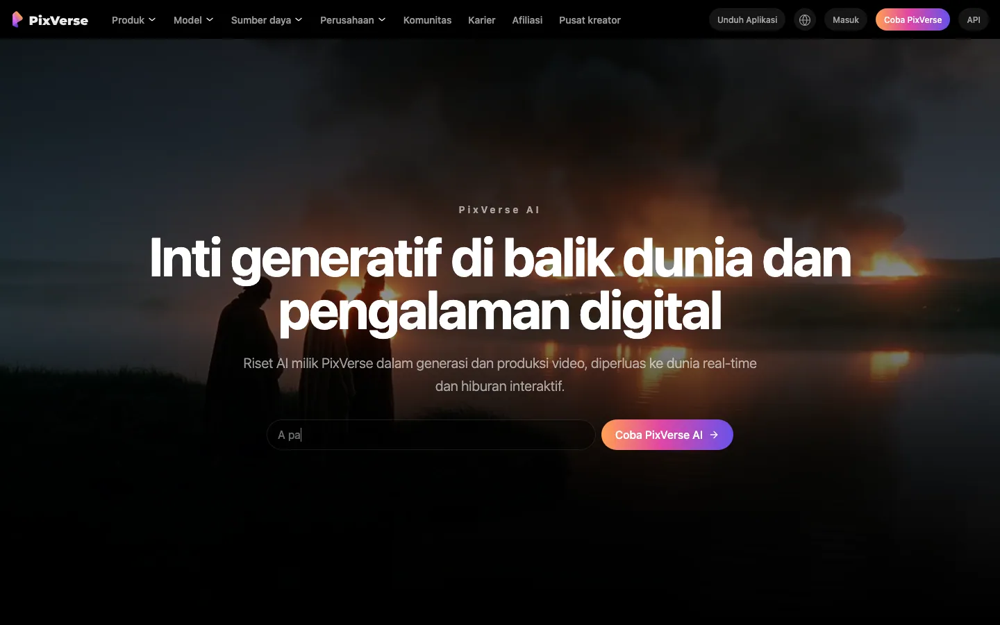 Halaman depan pixverse.ai versi Indonesia: menu Produk, Model, Sumber daya, tombol Masuk dan Coba PixVerse di kanan atas, serta kolom prompt dengan tombol Coba PixVerse AI di tengah layar berlatar gelap